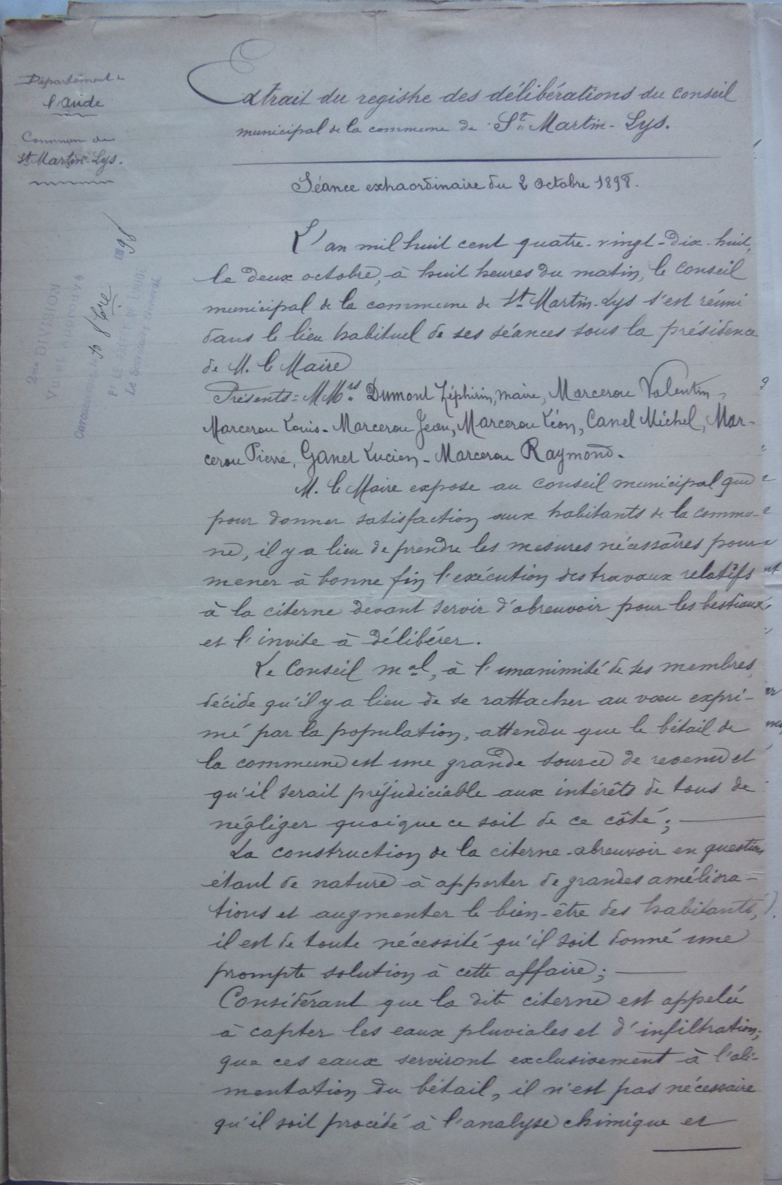 02 octobre 1898 - Délibération du Conseil Municipal - Construction d'une citerne à Planèzes p1