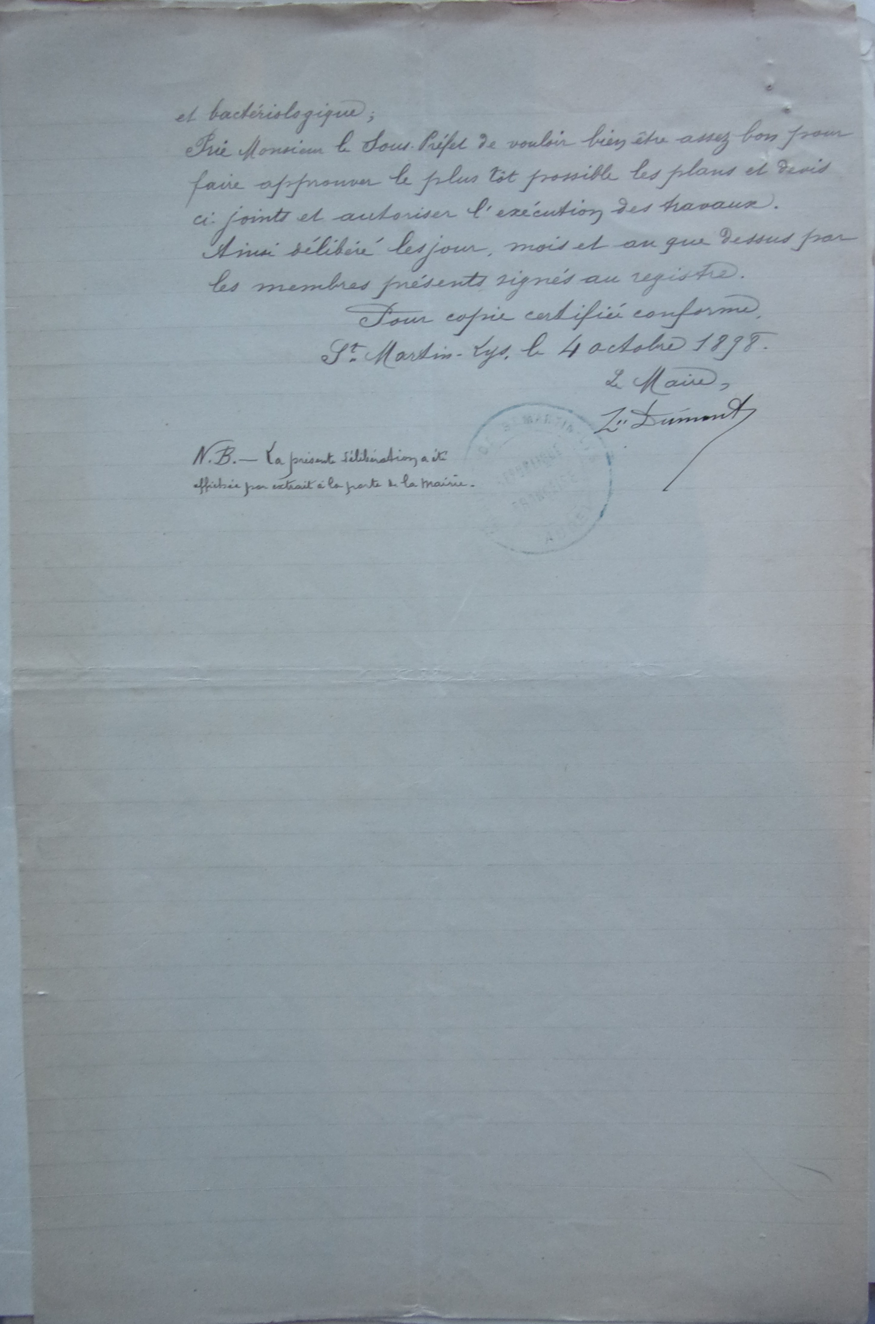 02 octobre 1898 - Délibération du Conseil Municipal - Construction d'une citerne à Planèzes p2
