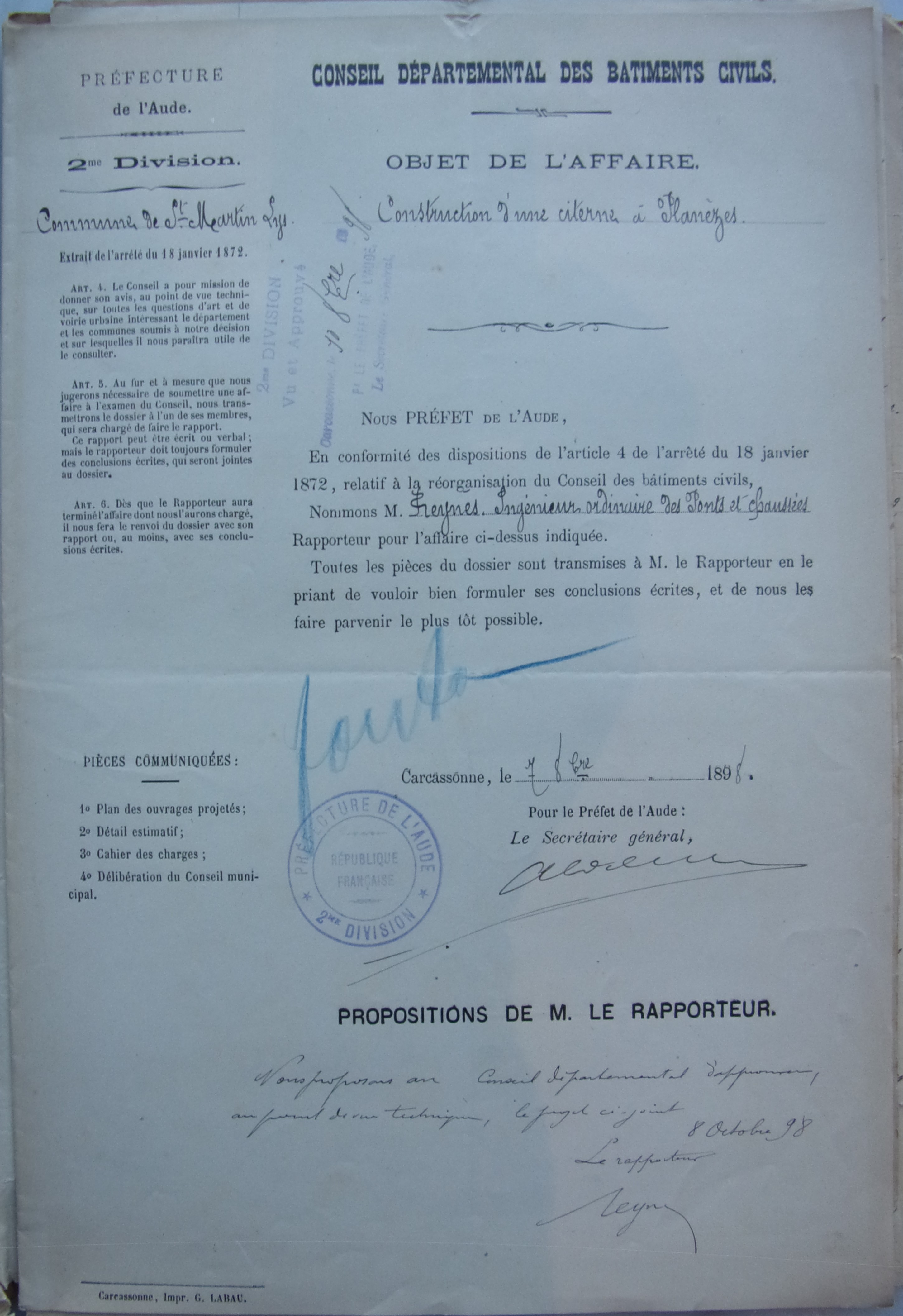 02 octobre 1898 - Délibération du Conseil Municipal - Construction d'une citerne à Planèzes
