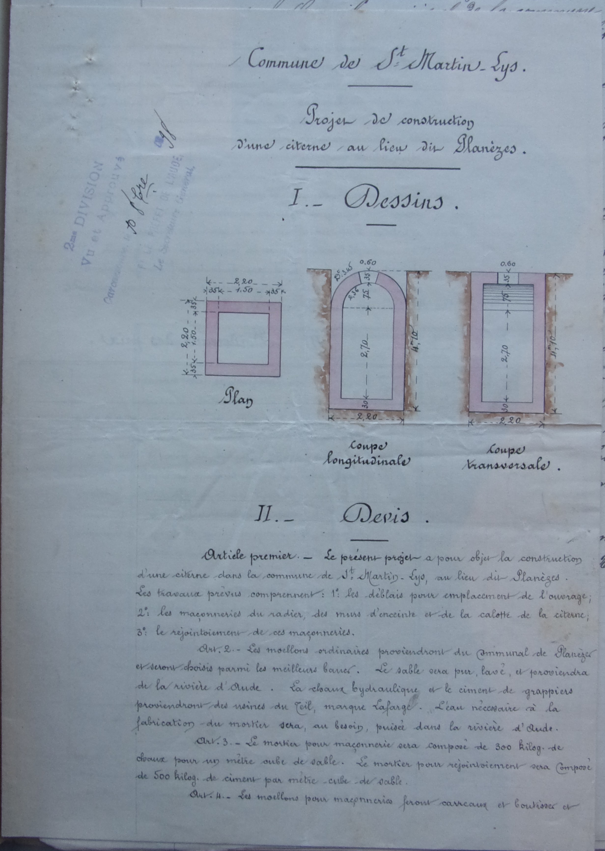 10 octobre 1898 - Dessin et devis - Construction d'une citerne à Planèzes (il me manque la page 2...)