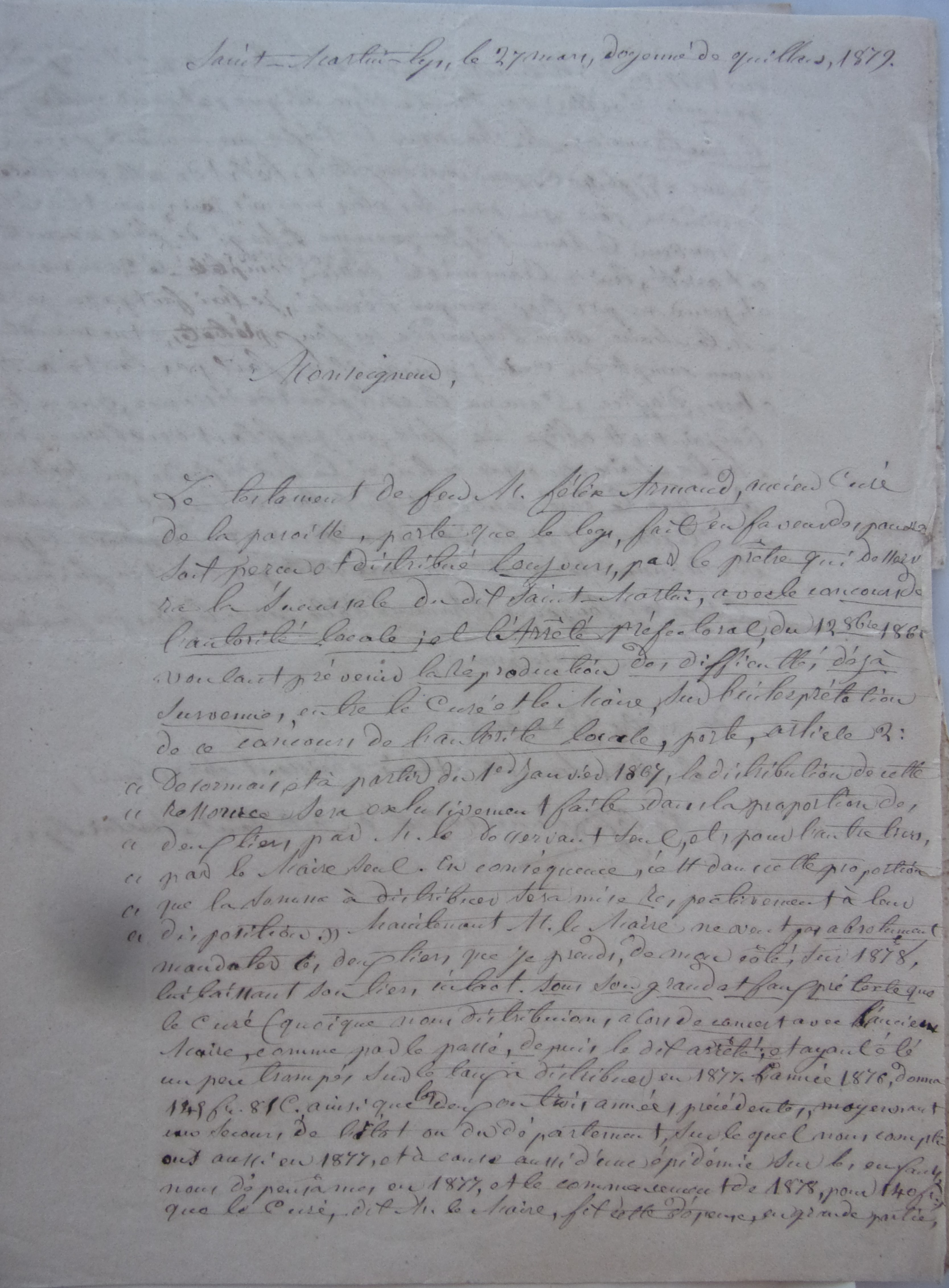 27 mars 1879 - Lettre de plainte de l'abbé Pelofy à son évêque pour se plaindre des abus du maire p1