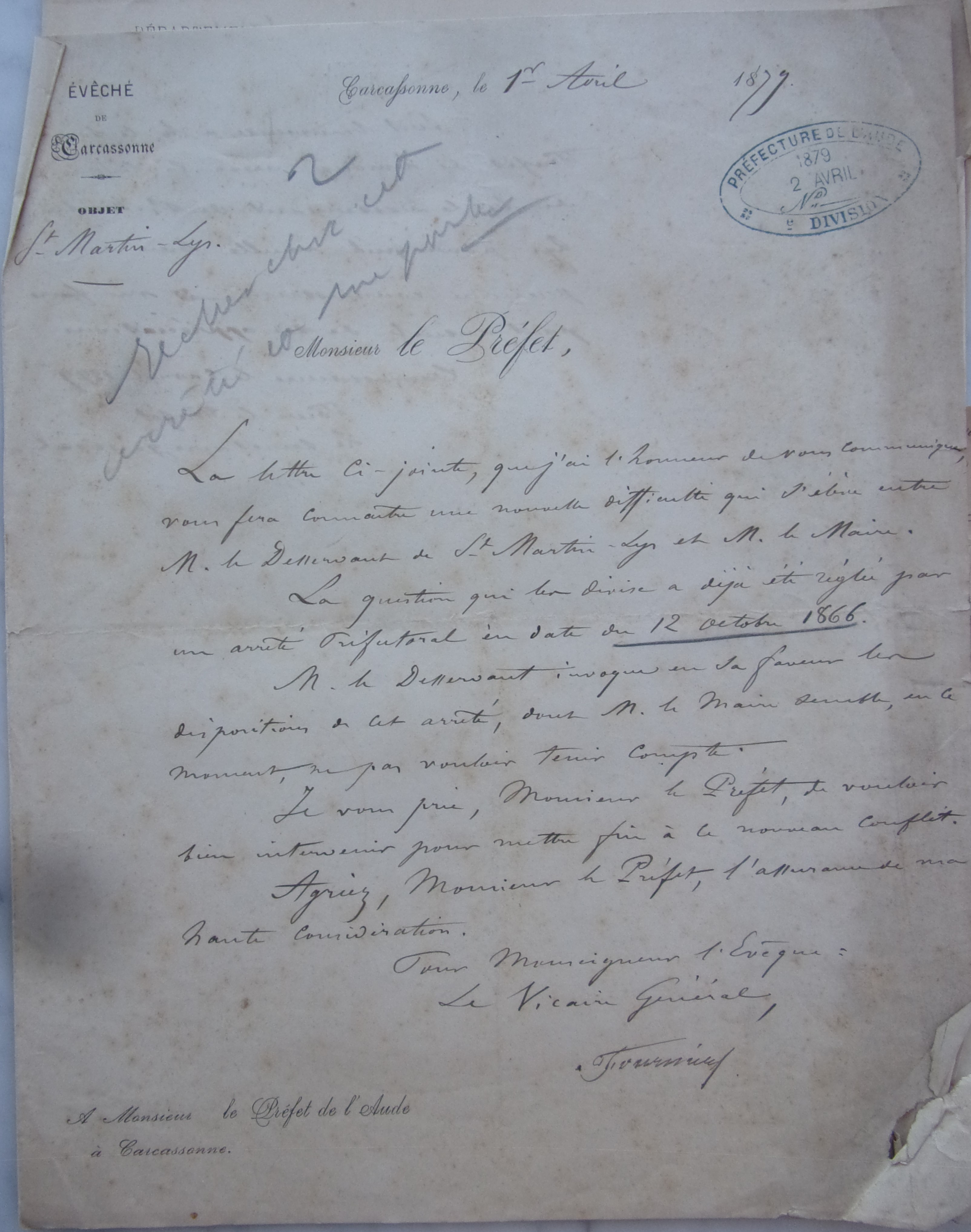 27 avril 1879 - Courrier du vicaire général au Préfet pour soutenir la réclamation du curé
