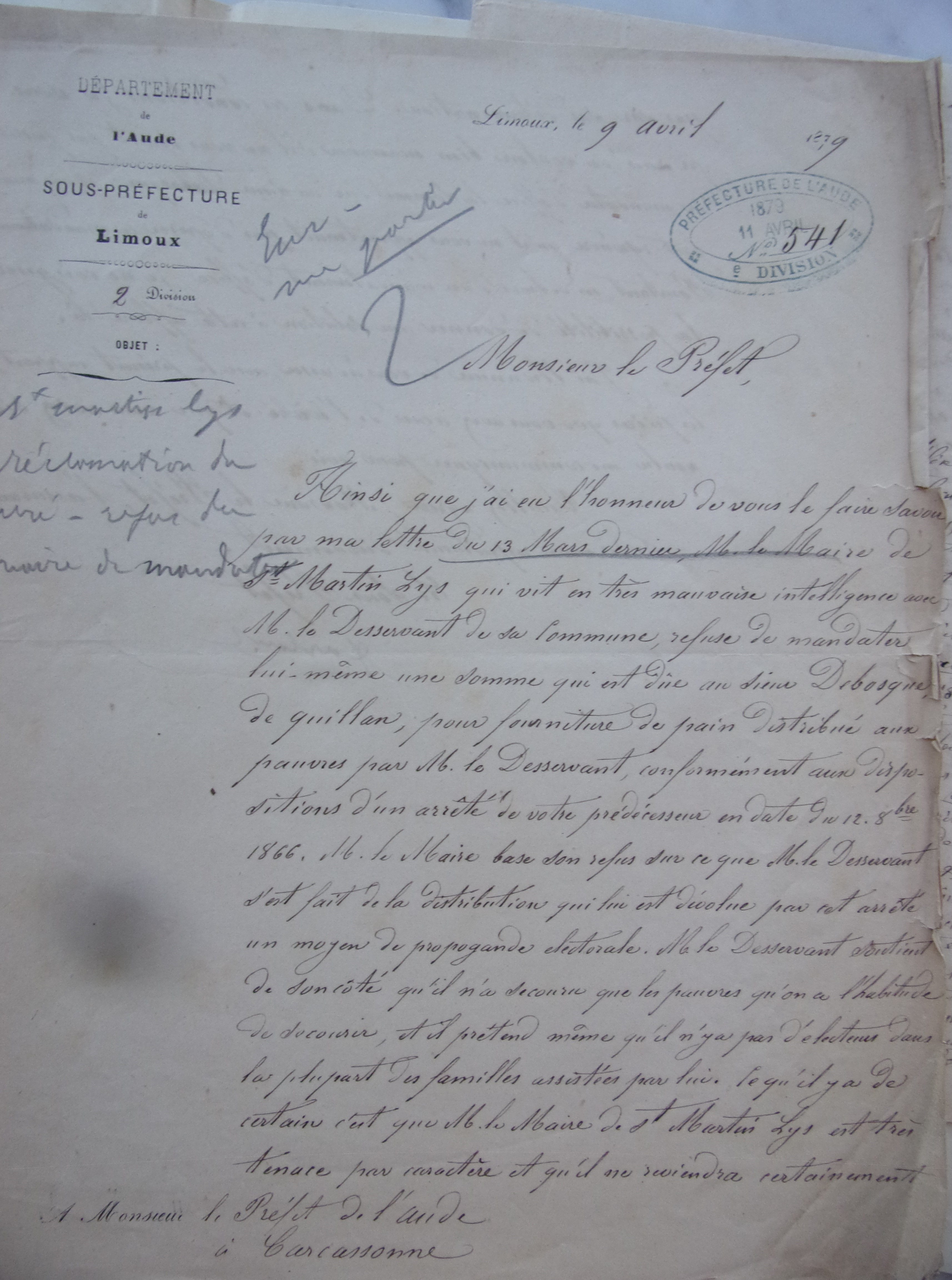09 avril 1879 - Réponse du Sous-préfet au Préfet demandant le mandatement d'office des sommes dûes au boulanger de Quillan p1
