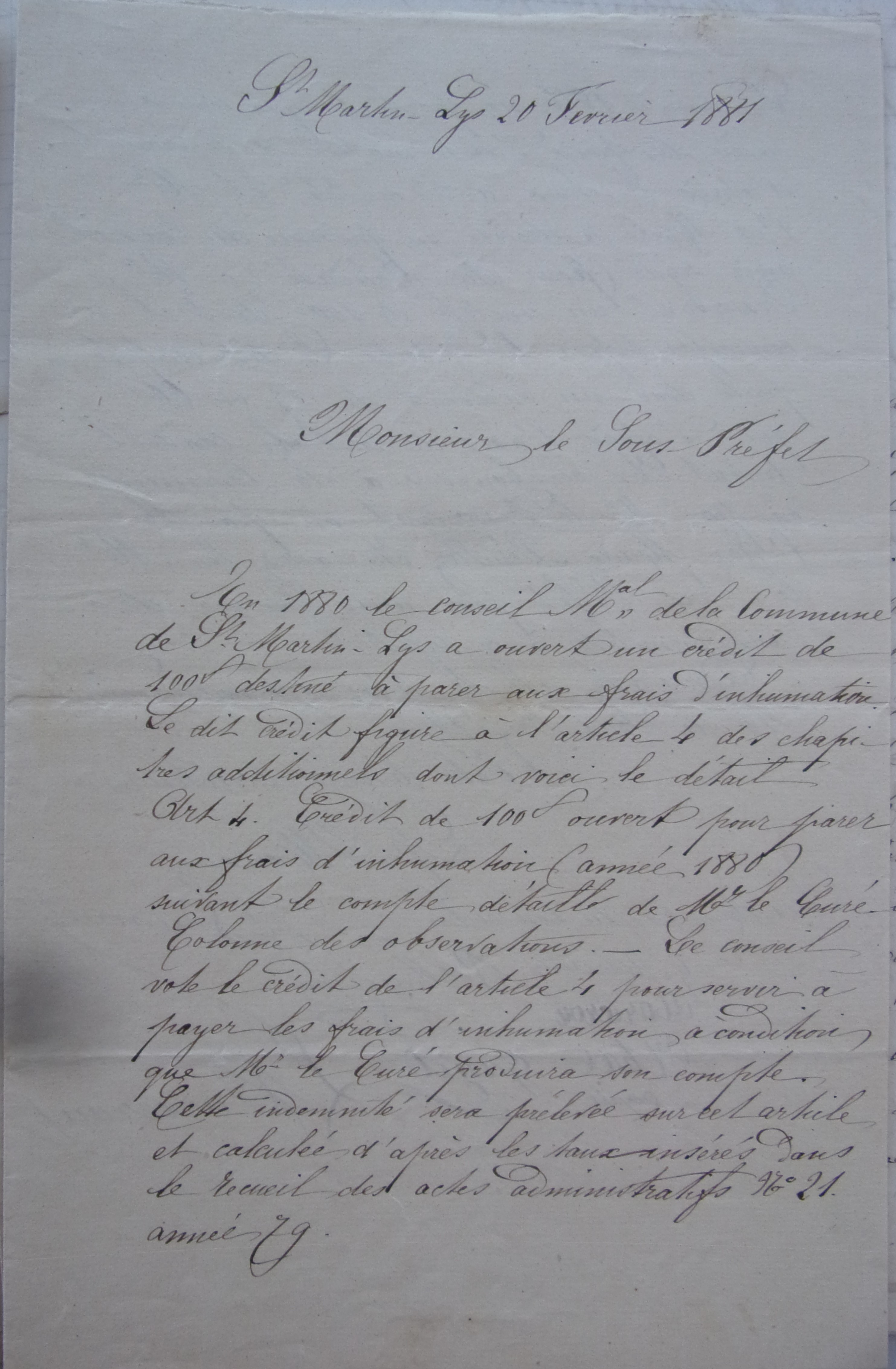 20 février 1881 - Lettre du conseil municipal au Sous-Préfet demandant des comptes par rapport aux 100 francs donnés au curé Pelofi pour frais de sépulture en 1880 p1