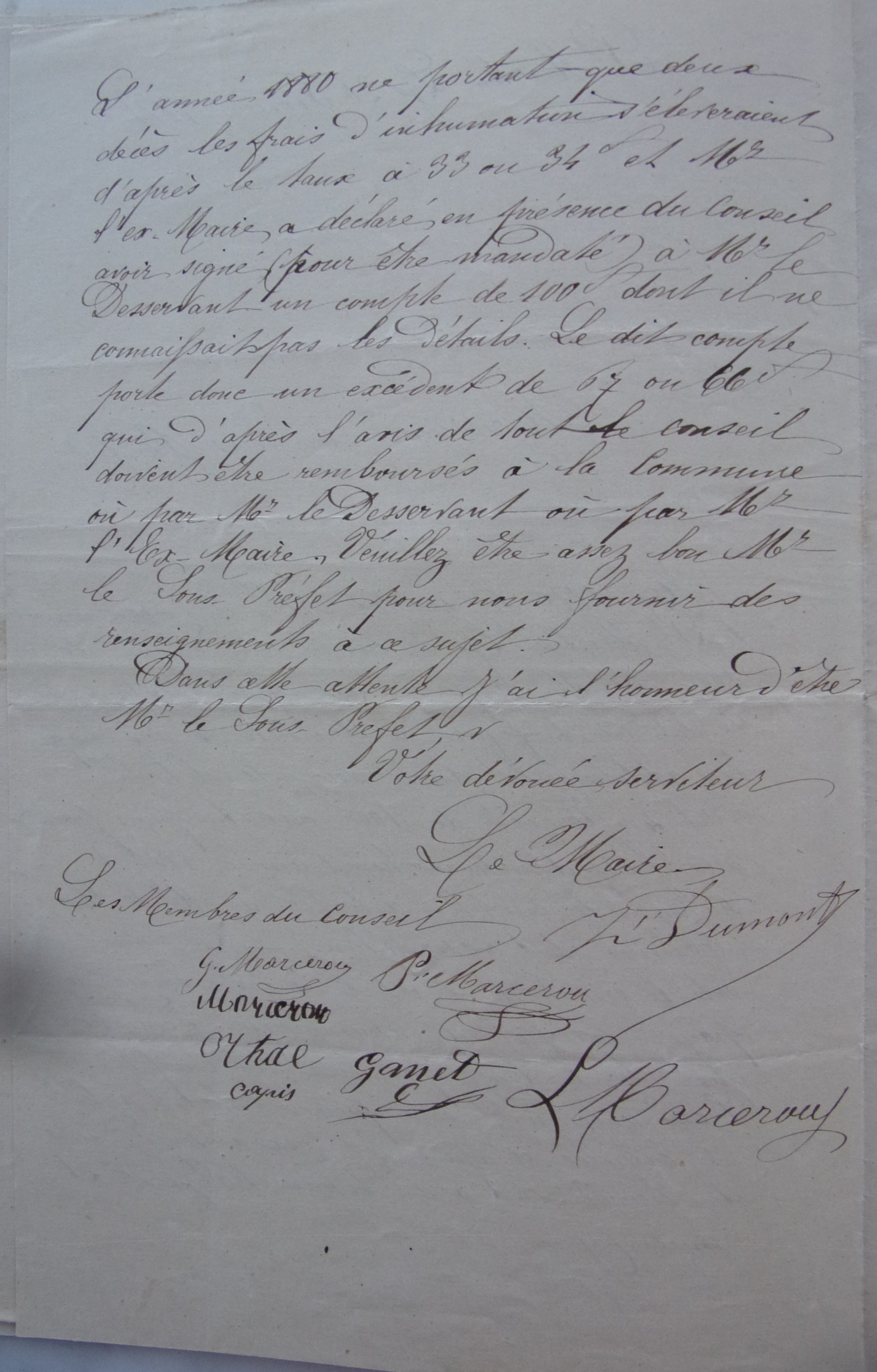 20 février 1881 - Lettre du conseil municipal au Sous-Préfet demandant des comptes par rapport aux 100 francs donnés au curé Pelofi pour frais de sépulture en 1880 p2