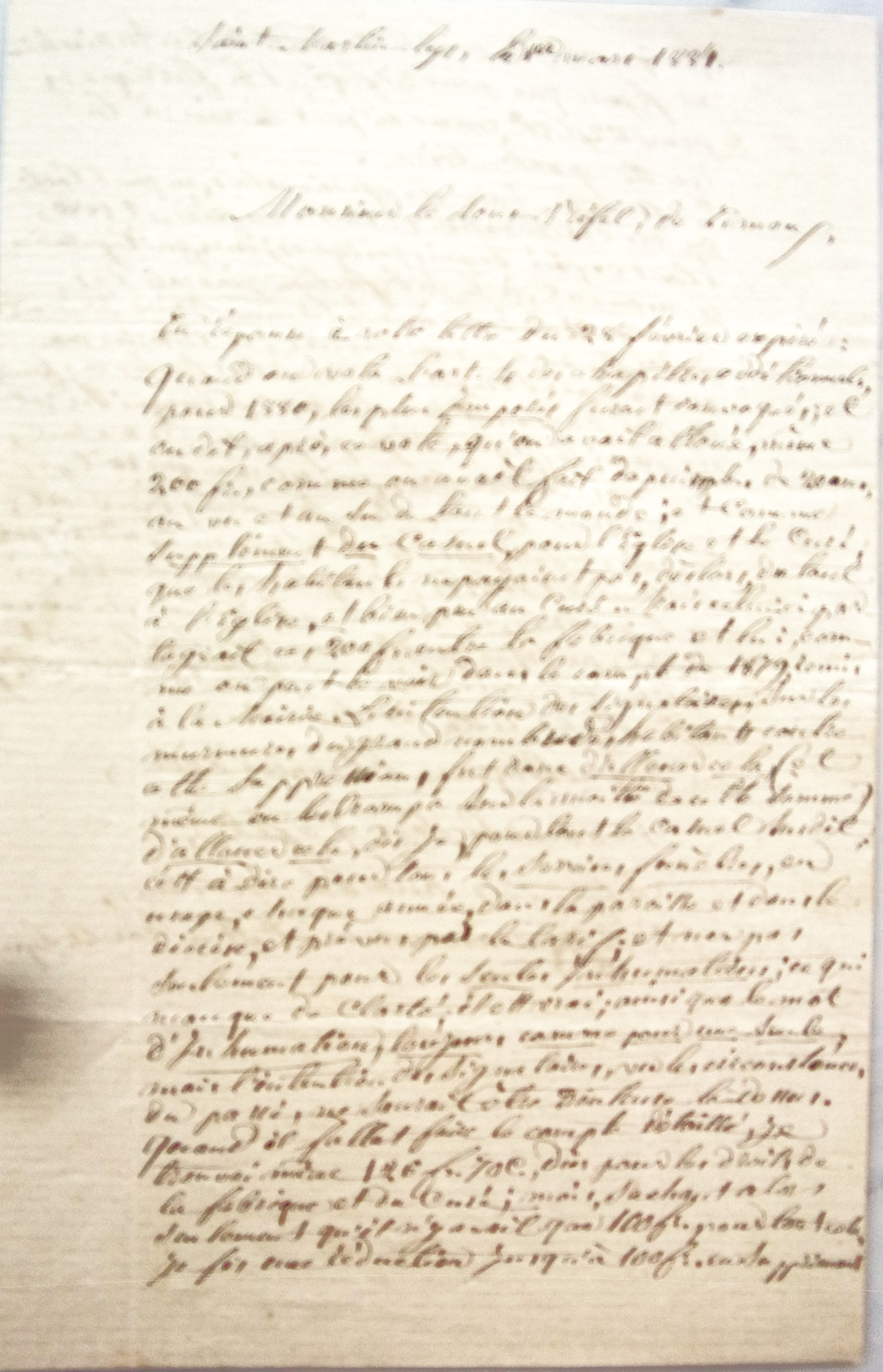 01 mars 1881 - Lettre du curé Pelofi au Sous-Préfet justifiant de l'usage des fonds p1