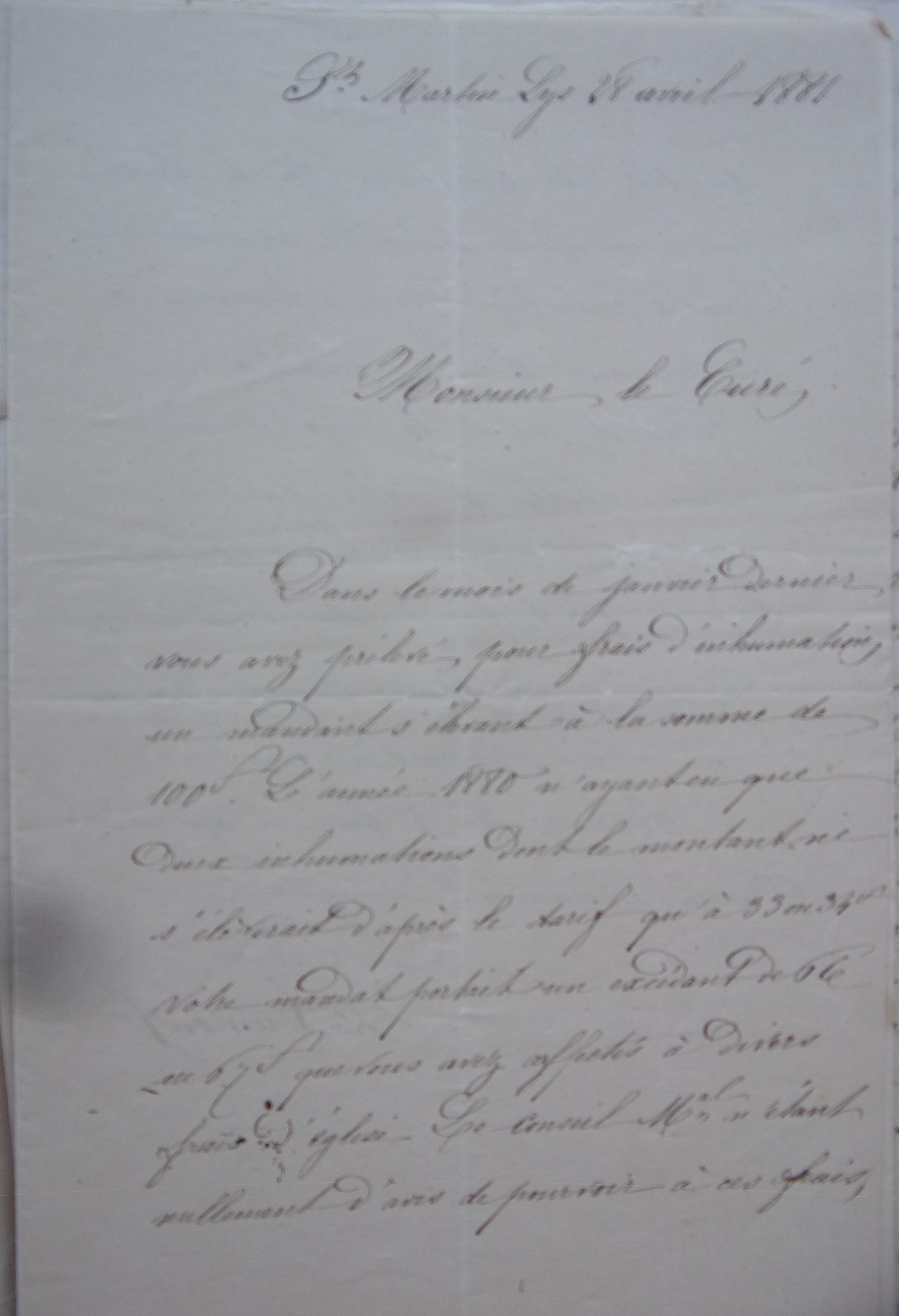 28 avril 1881 - Lettre du Maire au curé exigeant le rembourcement de 66 francs sous peine de poursuites judicières p1