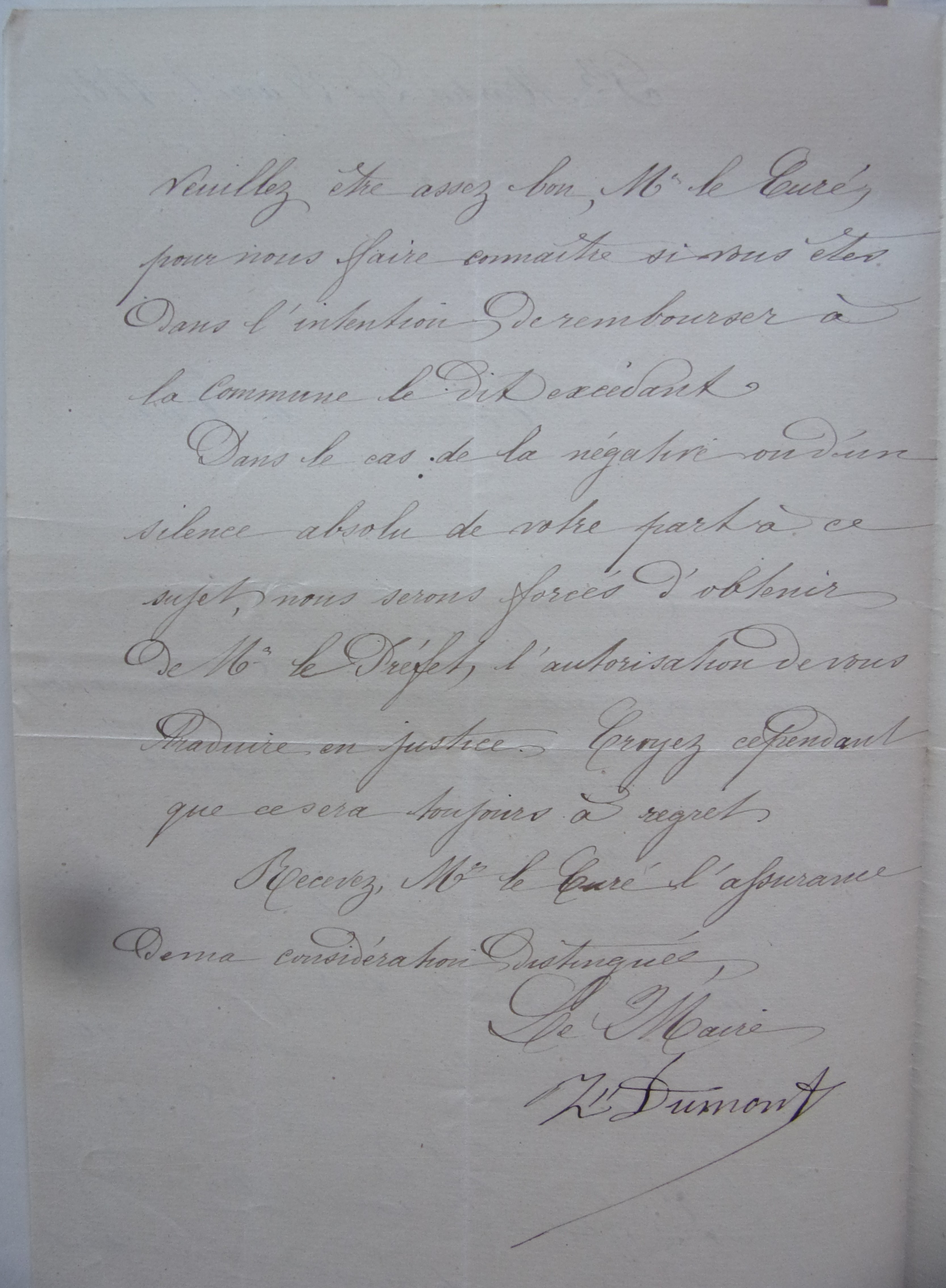 28 avril 1881 - Lettre du Maire au curé exigeant le rembourcement de 66 francs sous peine de poursuites judicières p2