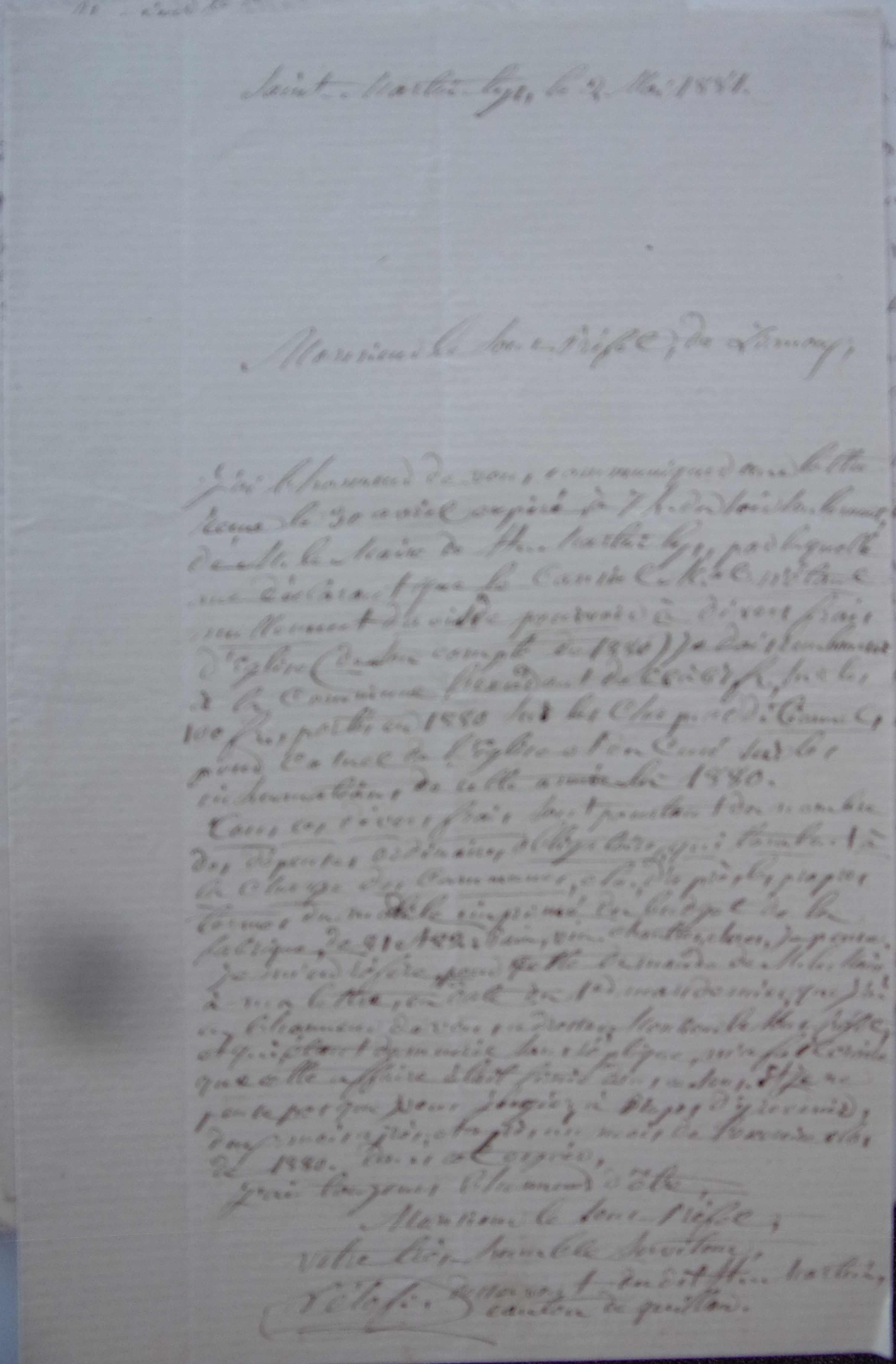 02 mai 1881 - Lettre du curé Pelofi au Sous-Préfet retransmettant le courrier du maire ci-dessus