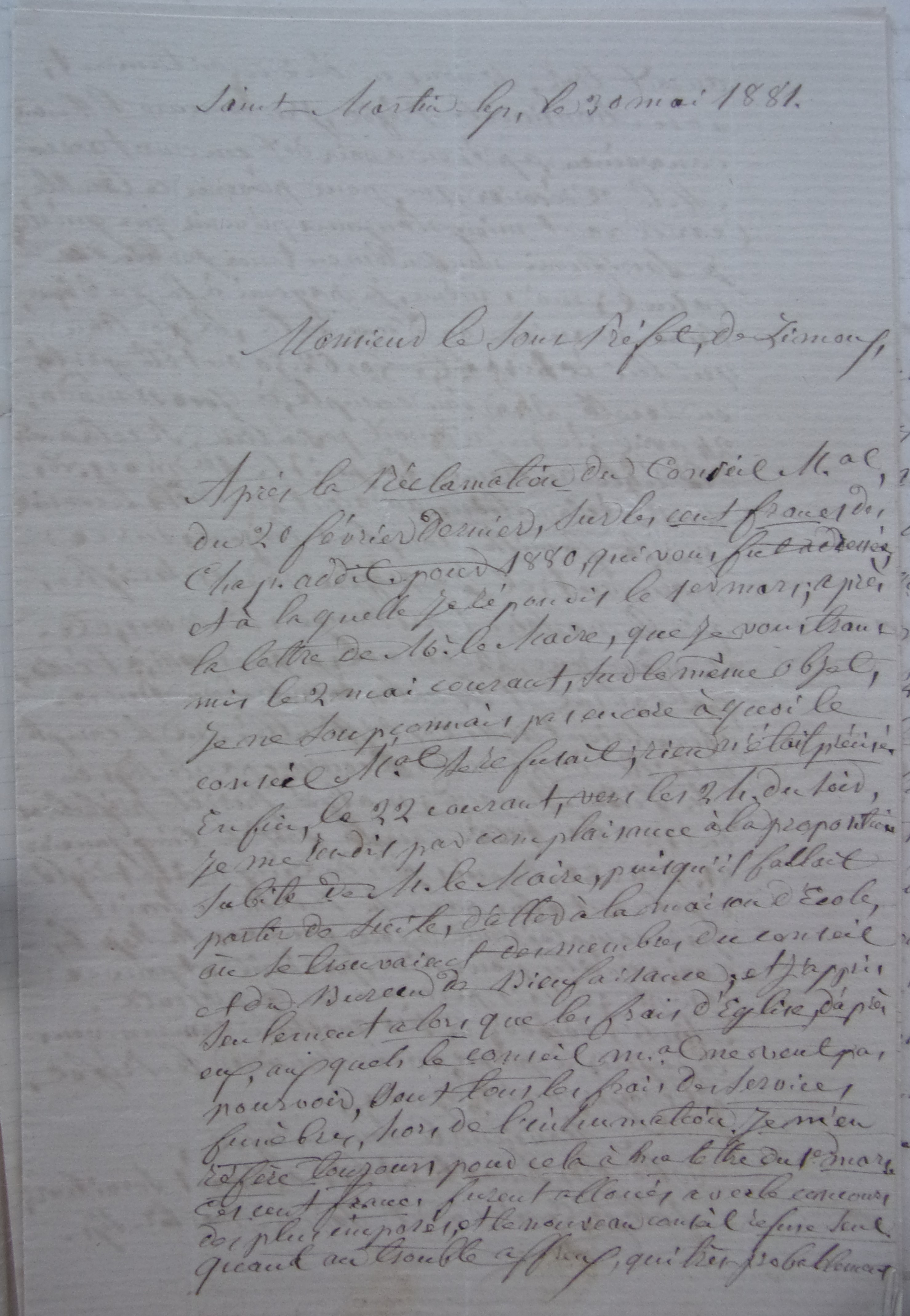30 mai 1881 - Lettre du curé Pelofi au Sous-Préfet se pleignant du comportement du conseil municipal p1