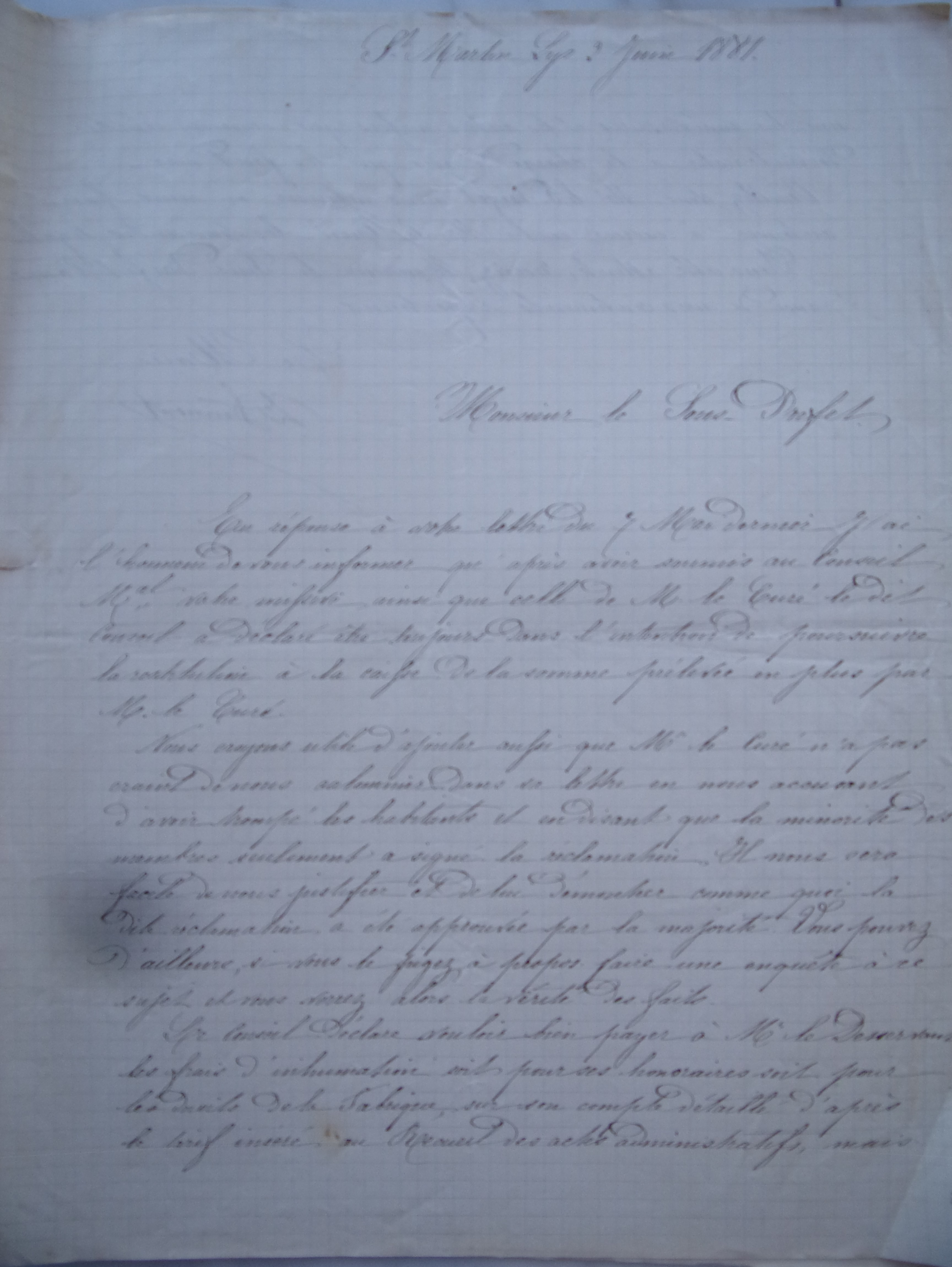 02 juin 1881 - Lettre du maire au Sous-Préfet demandant autorisation d'engager les poursuites légales p1