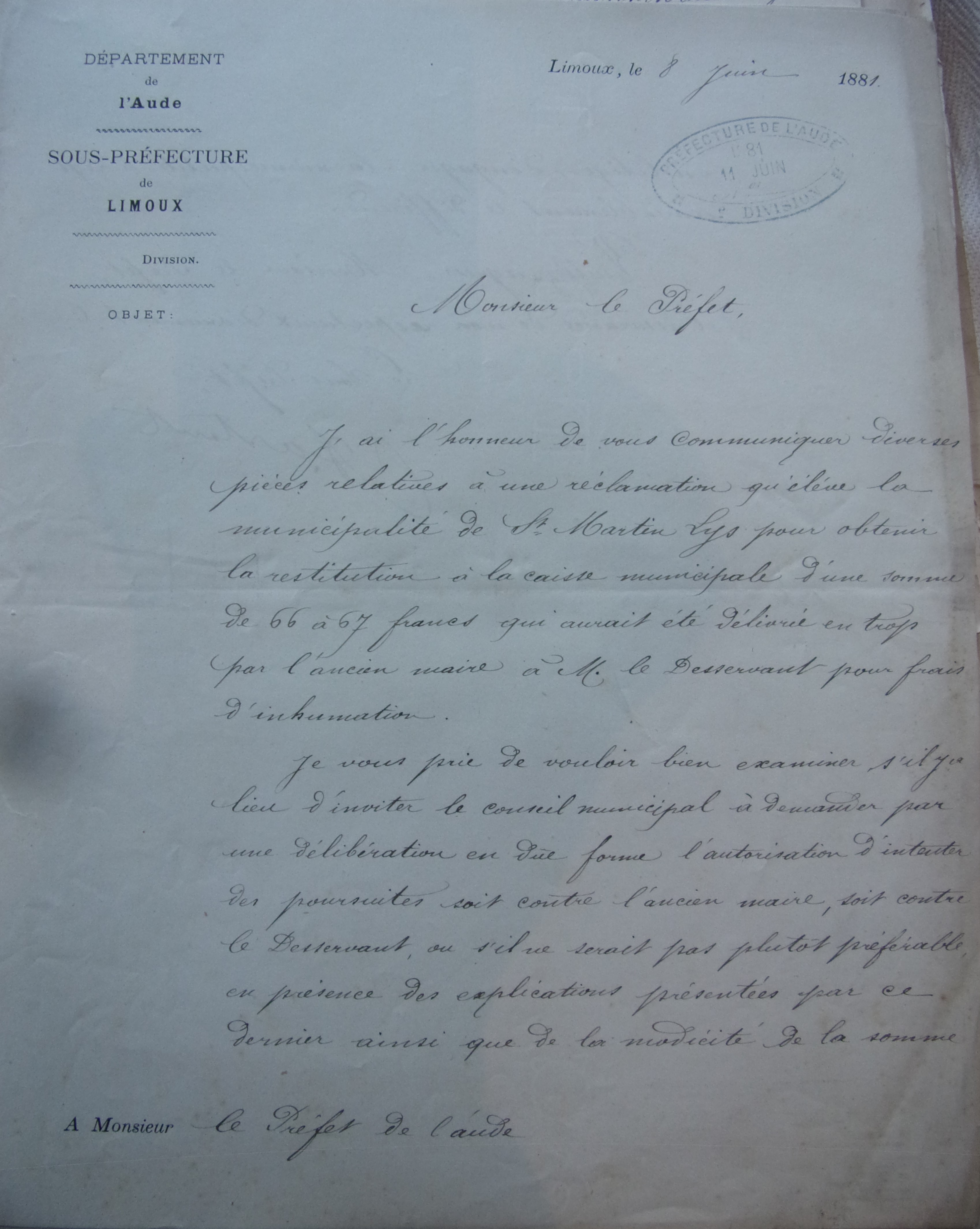 08 juin 1881 - Lettre du Sous-Préfet au Préfet pour avis entre une procédure judicière ou un règlement amiable pour ces 66 francs p1