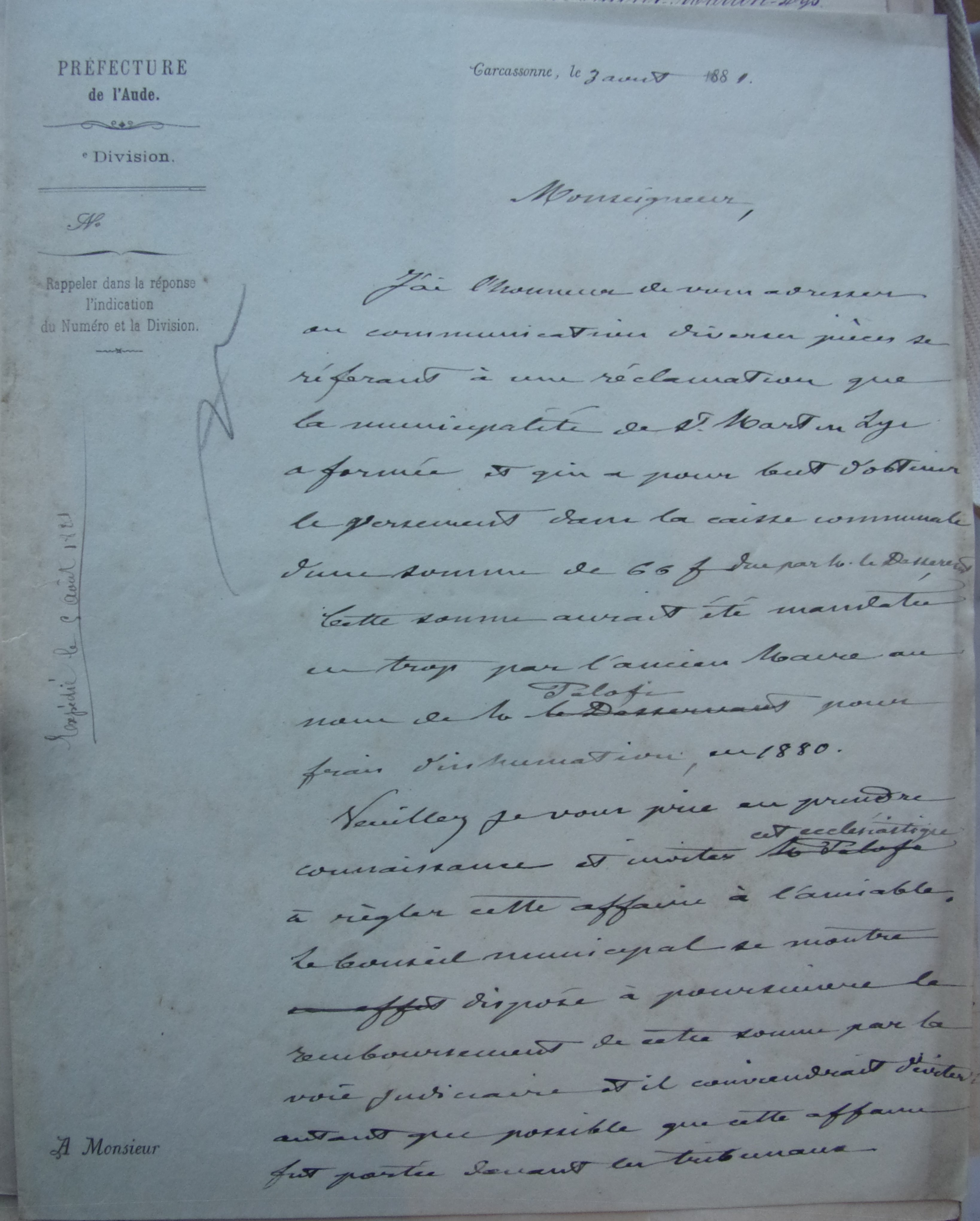03 août 1881 - Lettre du Préfet à l'évêque pour qu'il convainque le curé Pelofi de rembourser les 66 F et ainsi éviter les poursuites judicières p1 (manque P2)