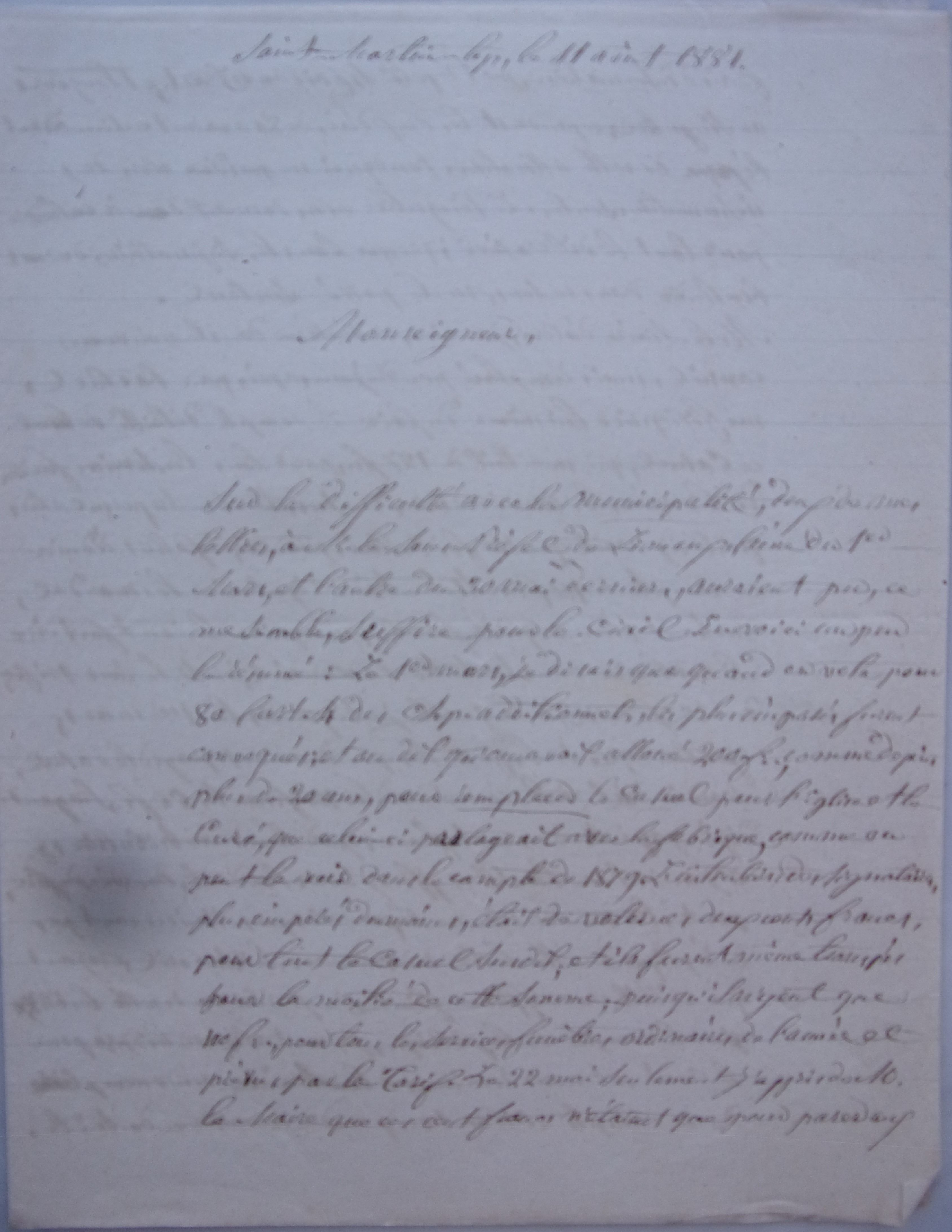 11 août 1881 - Lettre du curé à l'évêque pour justifier son refus de payer ces 66 francs p1