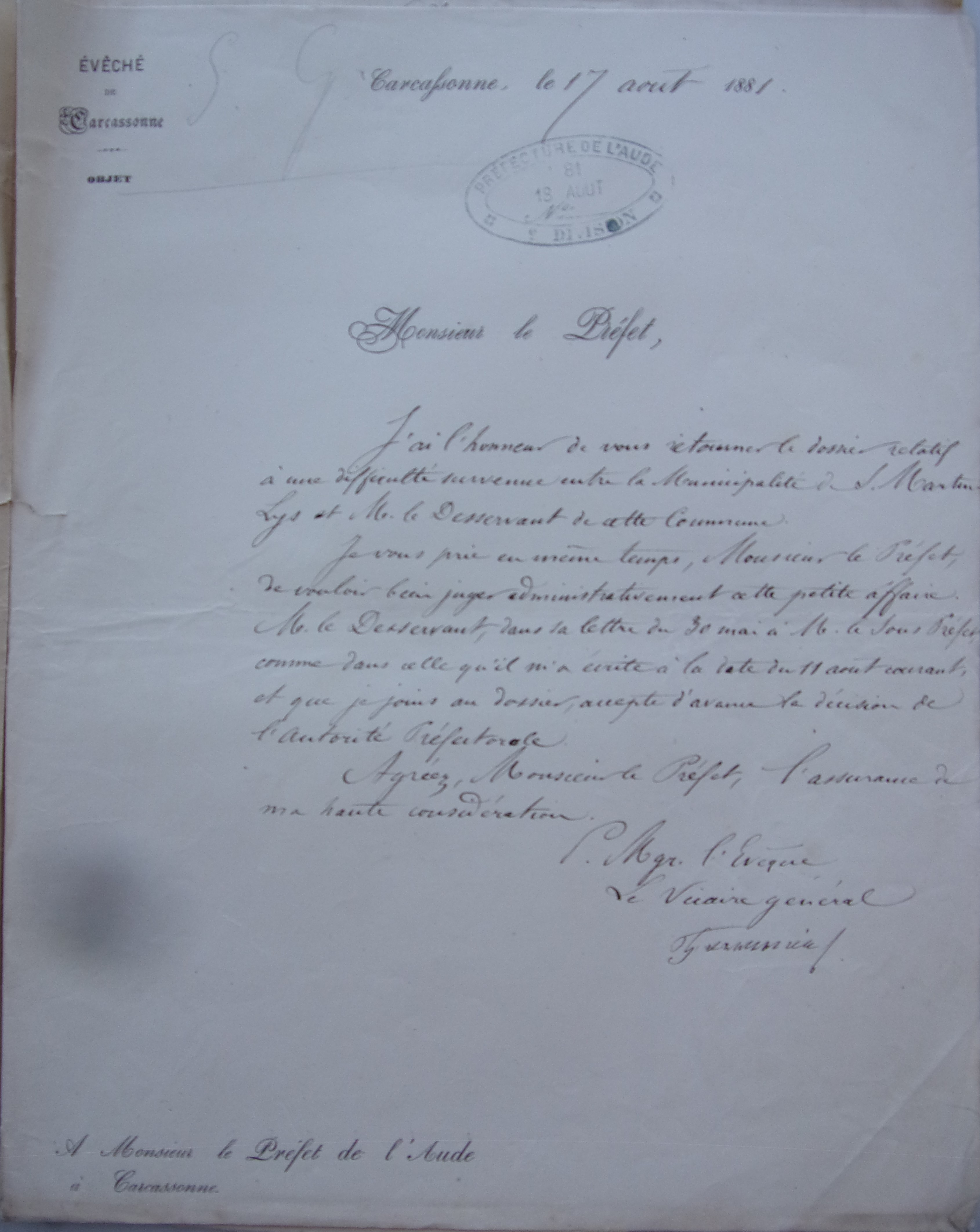 17 août 1881 - Lettre du vicaire général au Préfet demandant au Préfet de statuer dans cette affaire