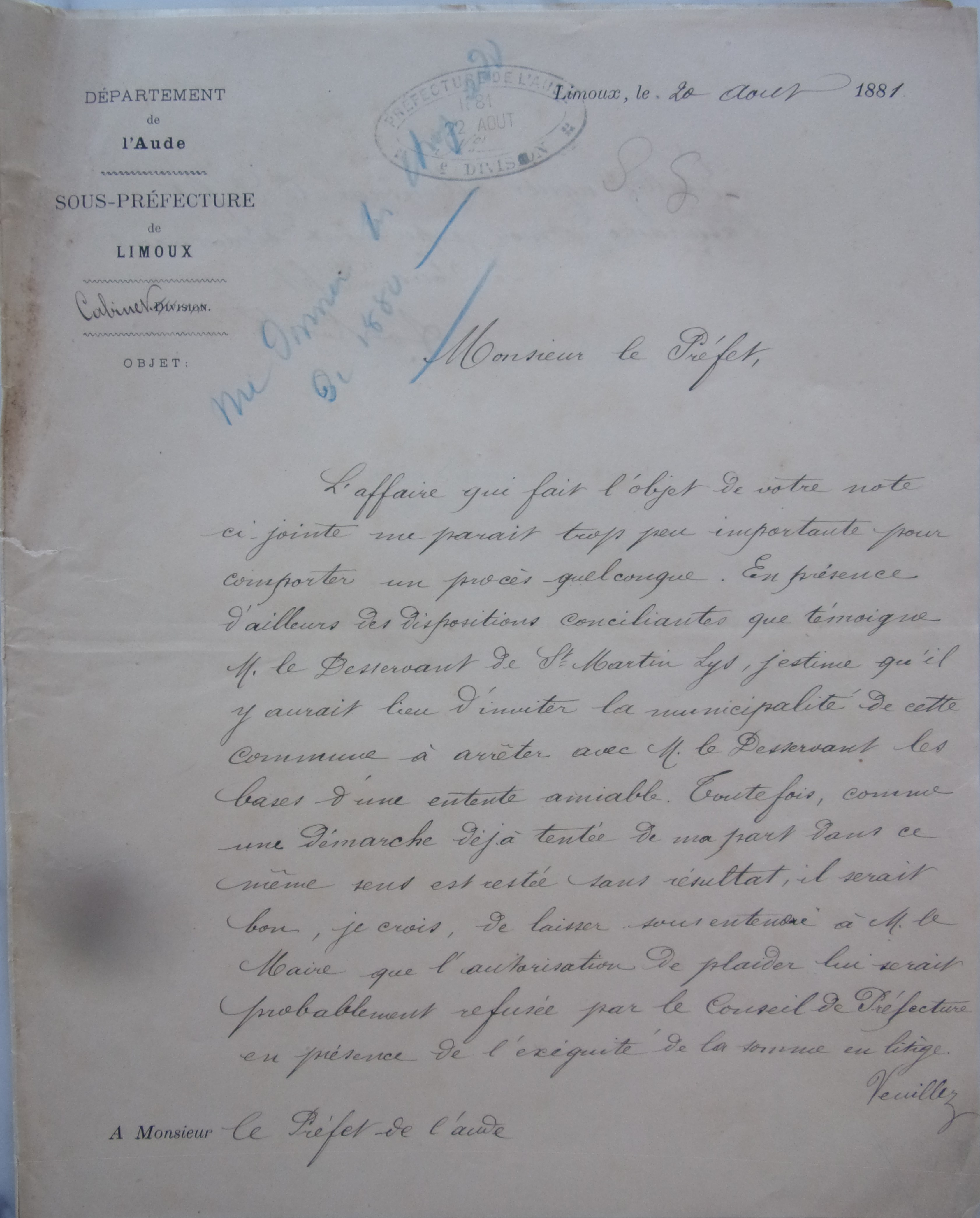 20 août 1881 - Lettre du Sous-Préfet au Préfet demandant autorisation d'indiquer au Maire que l'autorisation de plaider lui serait surement refusée p1