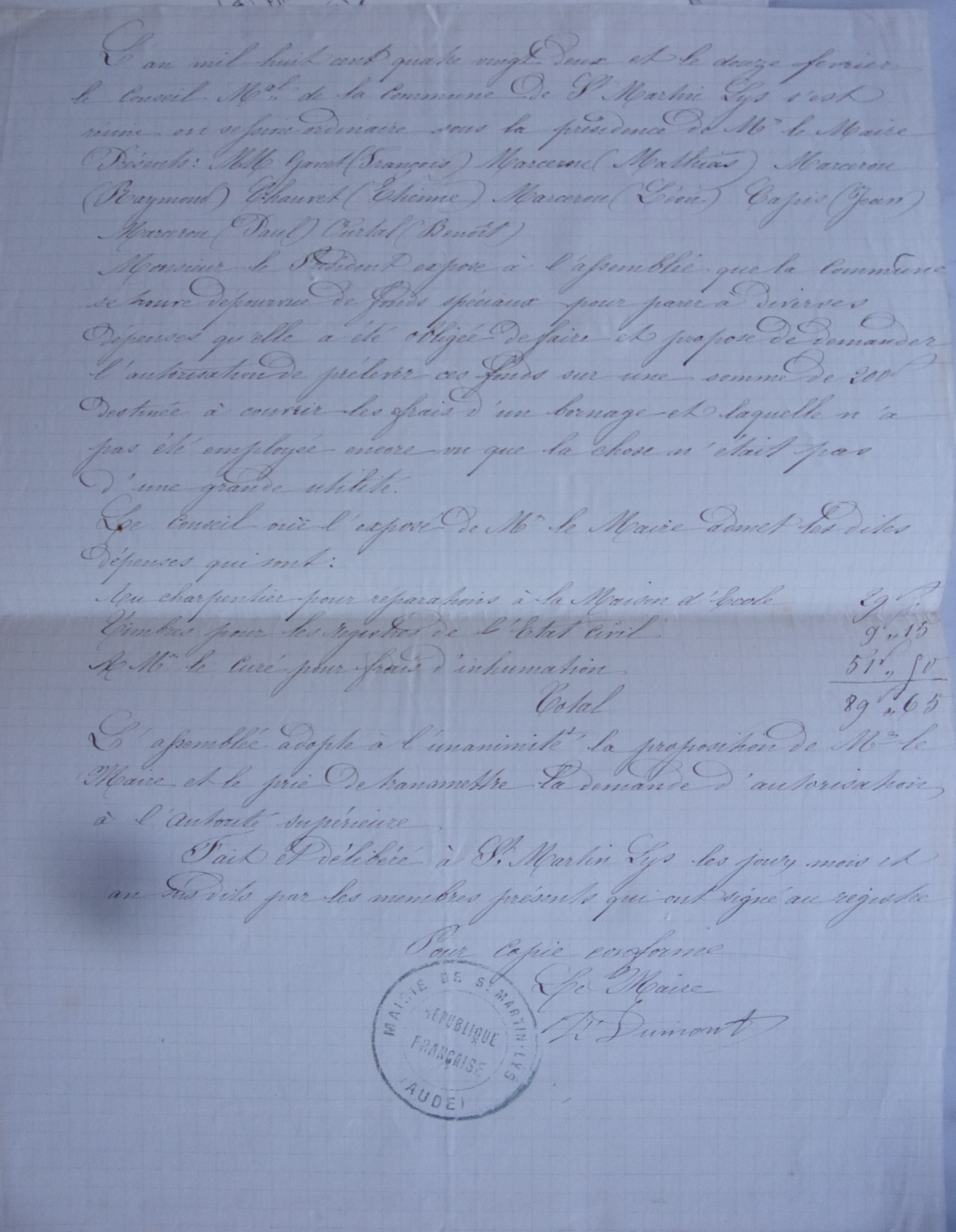 12 février 1882 - Délibération du conseil municipal - Prélèvement de fonds sur les 200 francs initialement prévus pour le bornage