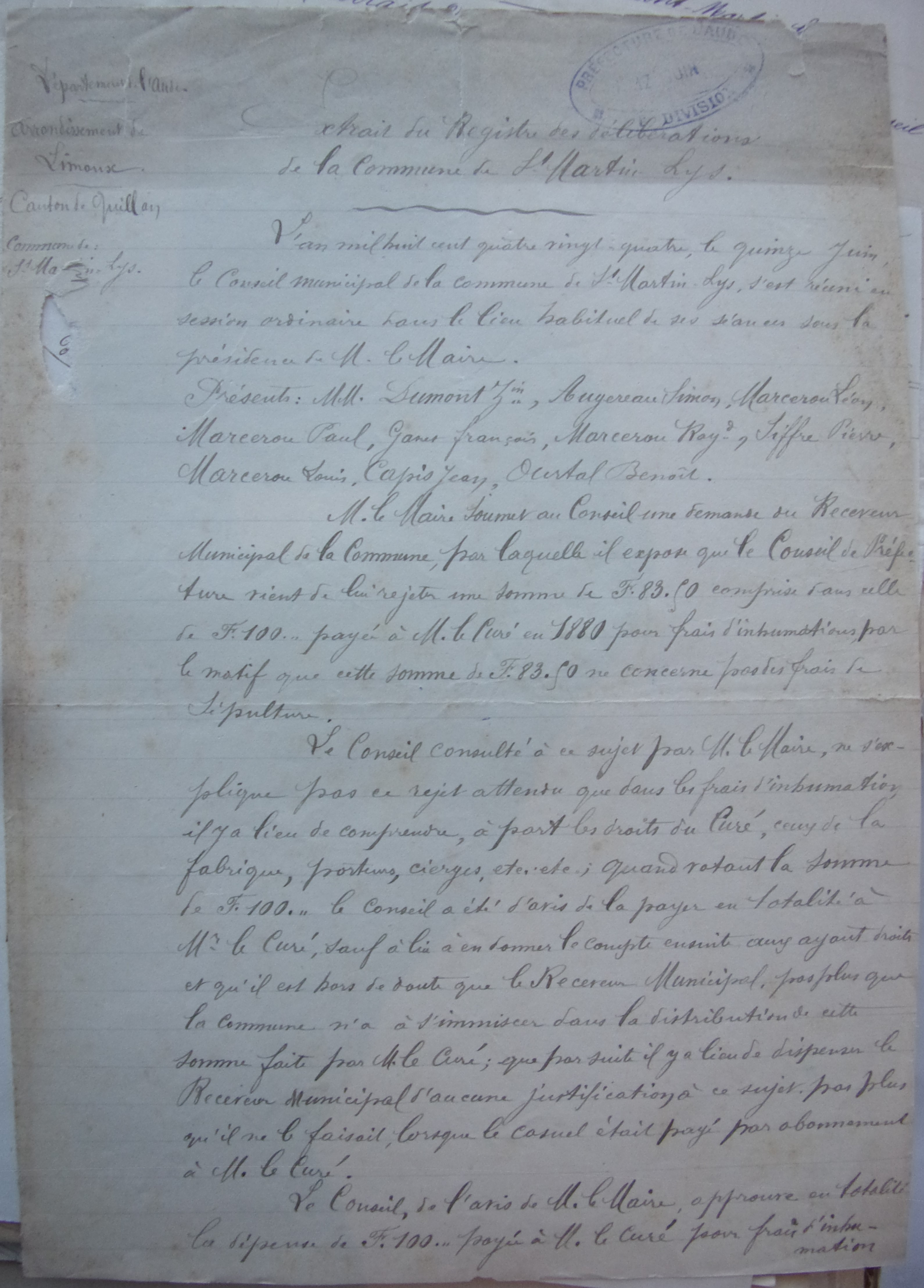 15 juin 1884 - Délibération du conseil municipal - Frais d'inhumation de 1880 p1