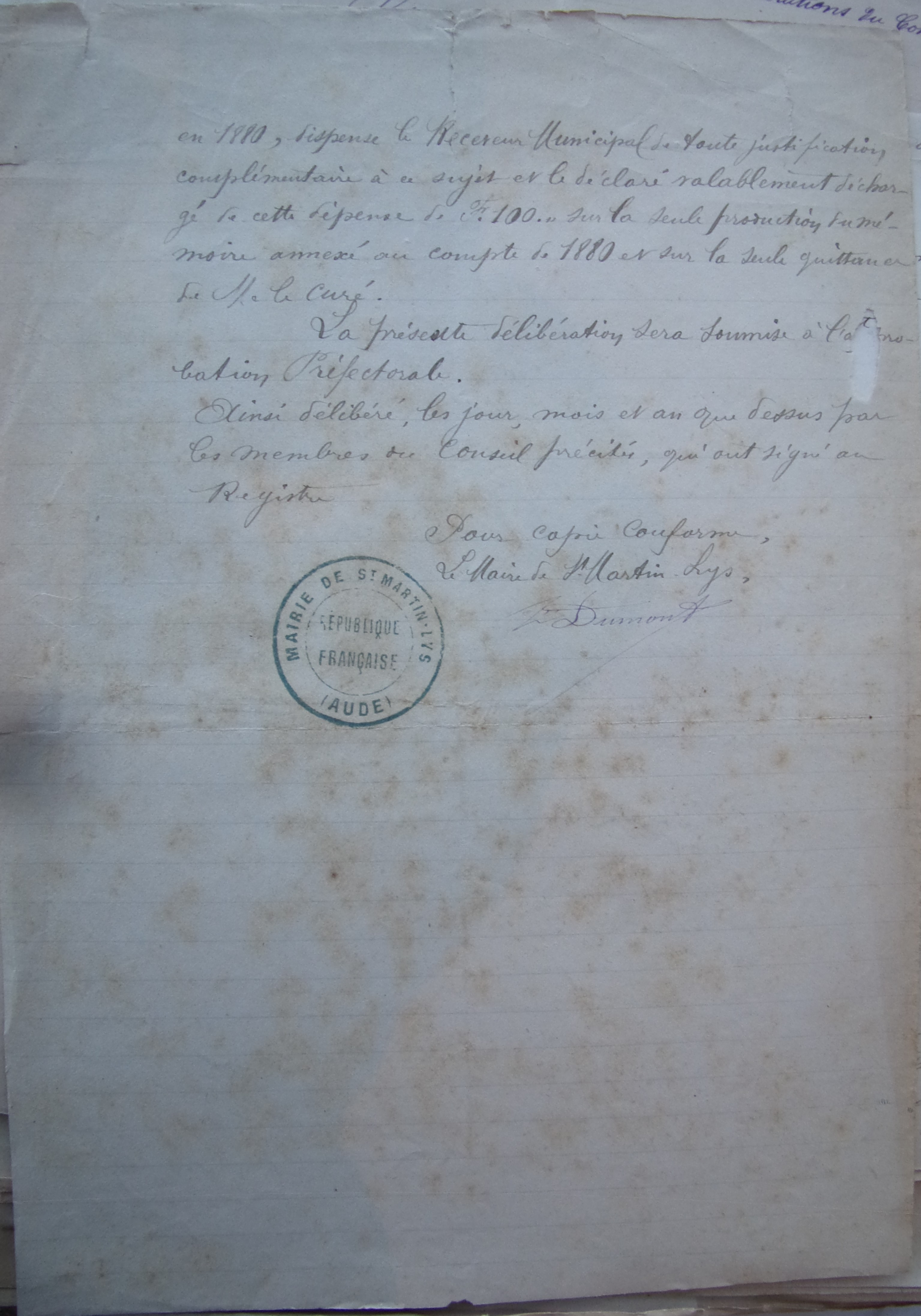 15 juin 1884 - Délibération du conseil municipal - Frais d'inhumation de 1880 p2