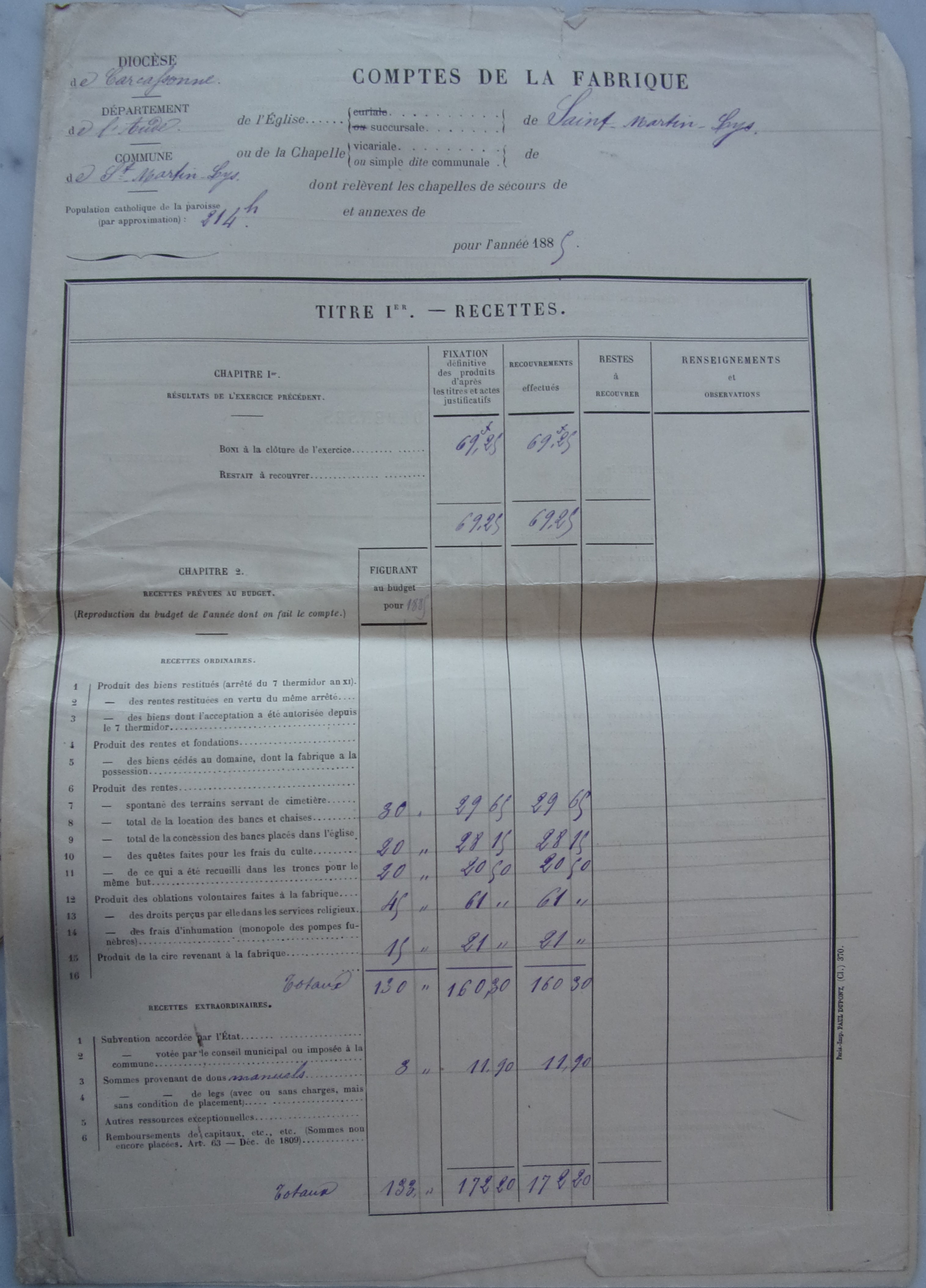 2 mai 1886 - Comptes de 1885 de la fabrique de l'église de Saint Martin p1