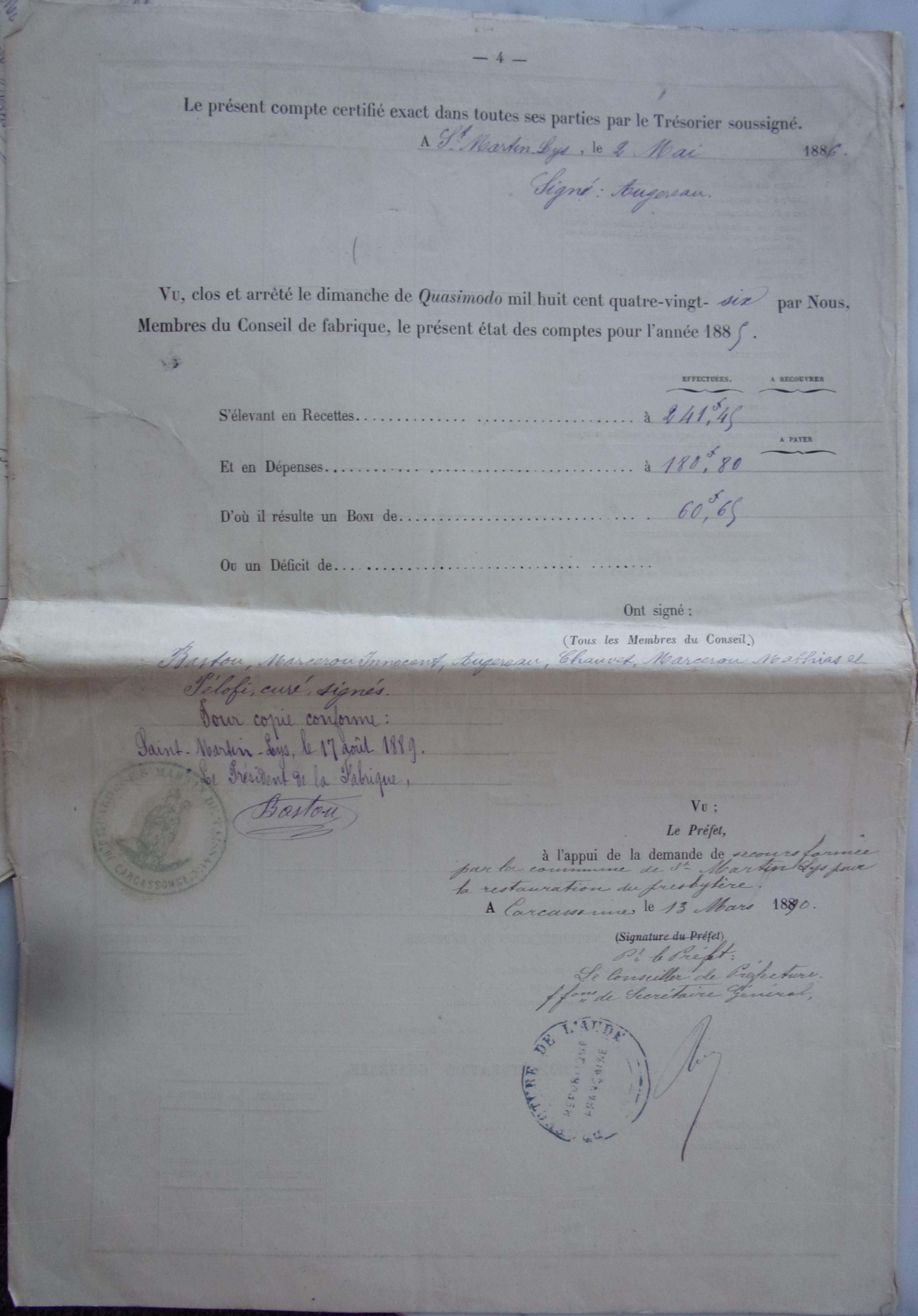 2 mai 1886 - Comptes de 1885 de la fabrique de l'église de Saint Martin p4