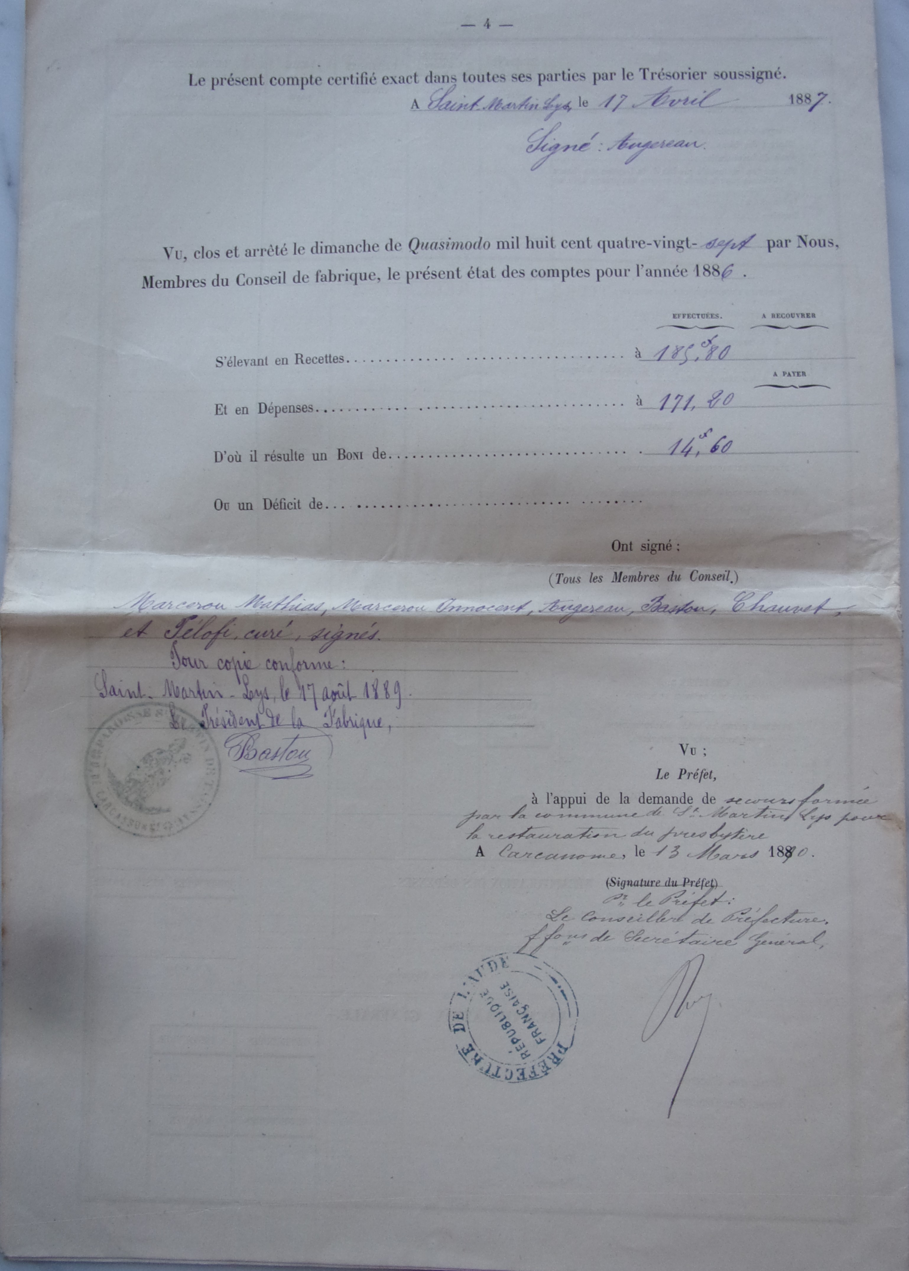 17 avril 1887 - Comptes de 1886 de la fabrique de l'église de Saint Martin p4