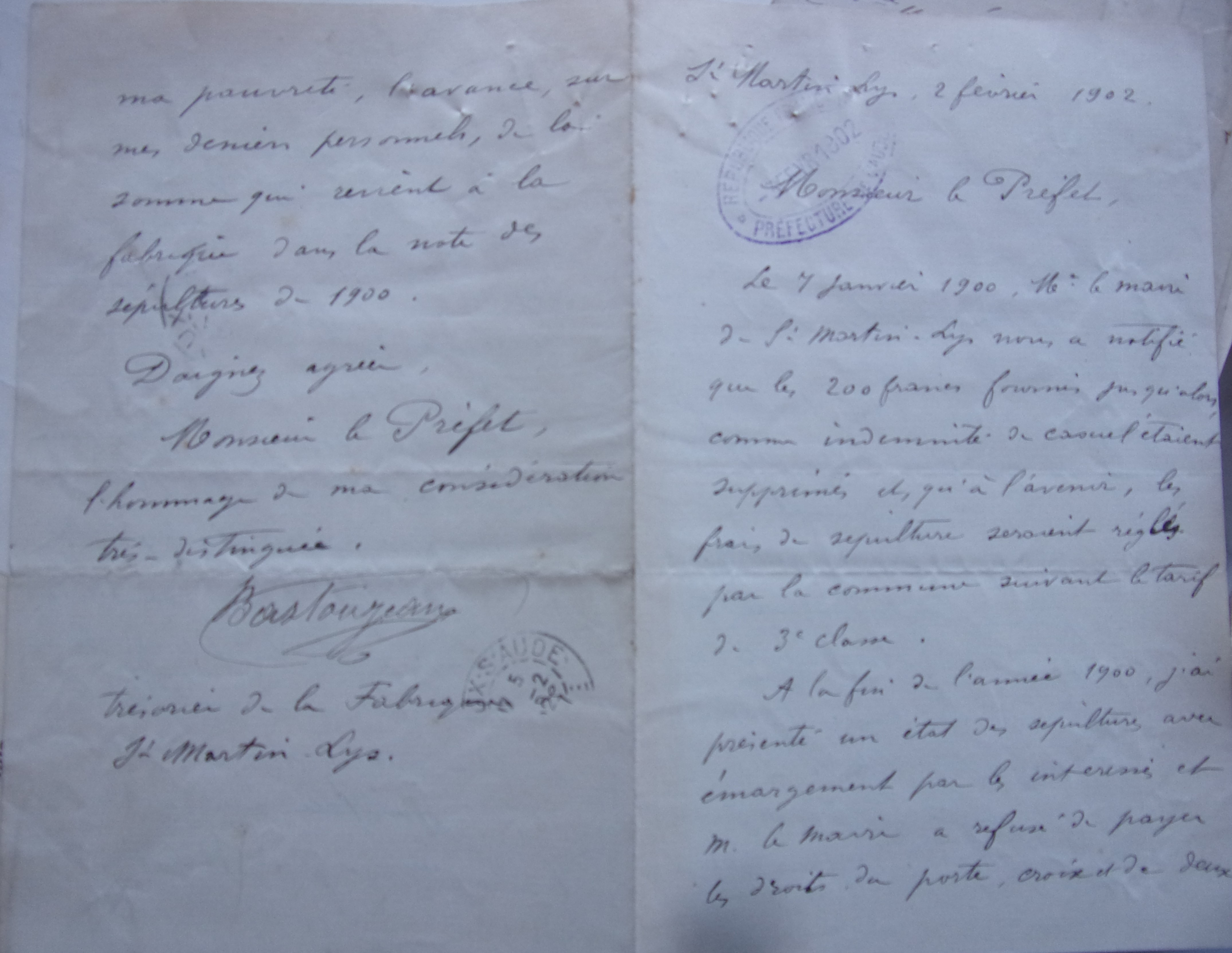 02 février 1902 - Courrier du Trésorier de la fabrique de l'église au Préfet pour réclamer que les frais d'inhumation soient réglés par la commune p1 et 4