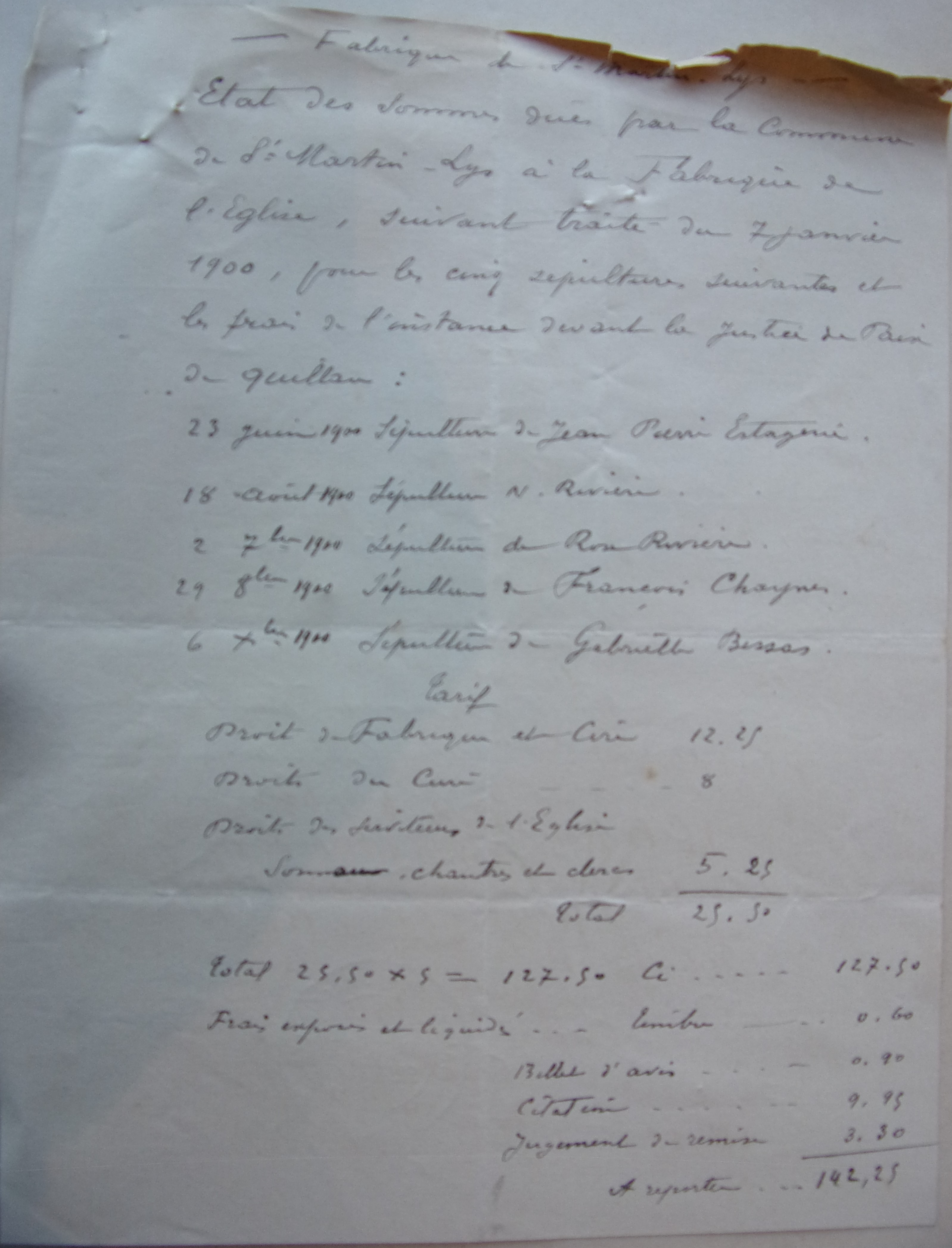18 janvier 1902 - Etat des sommes dues par la commune à la fabrique de l'église p1