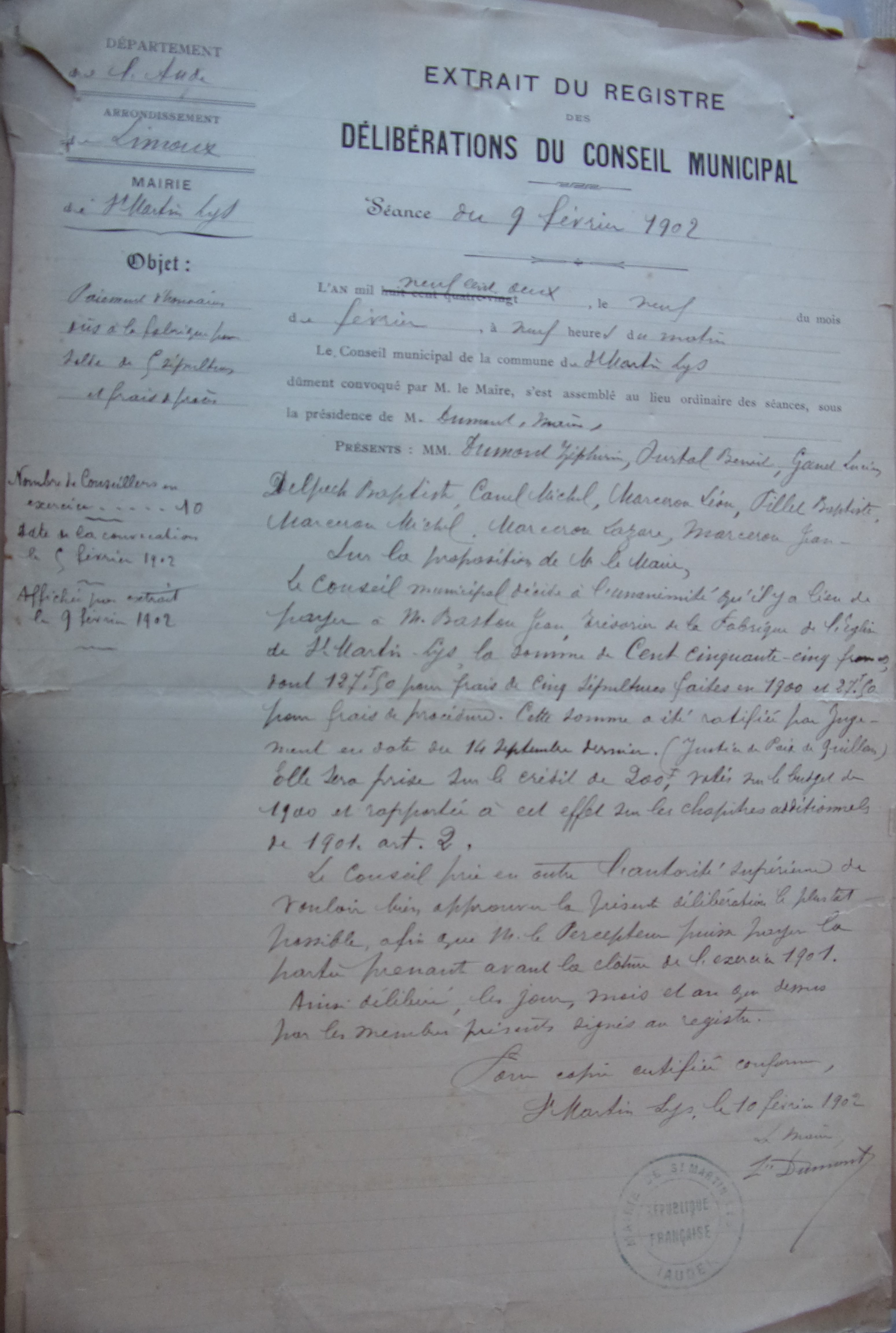 09 février 1902 - Délibération du conseil municipal - paiement d'honoraire dus à la fabrique pour solde de 5 sépultures et frais de procès p1