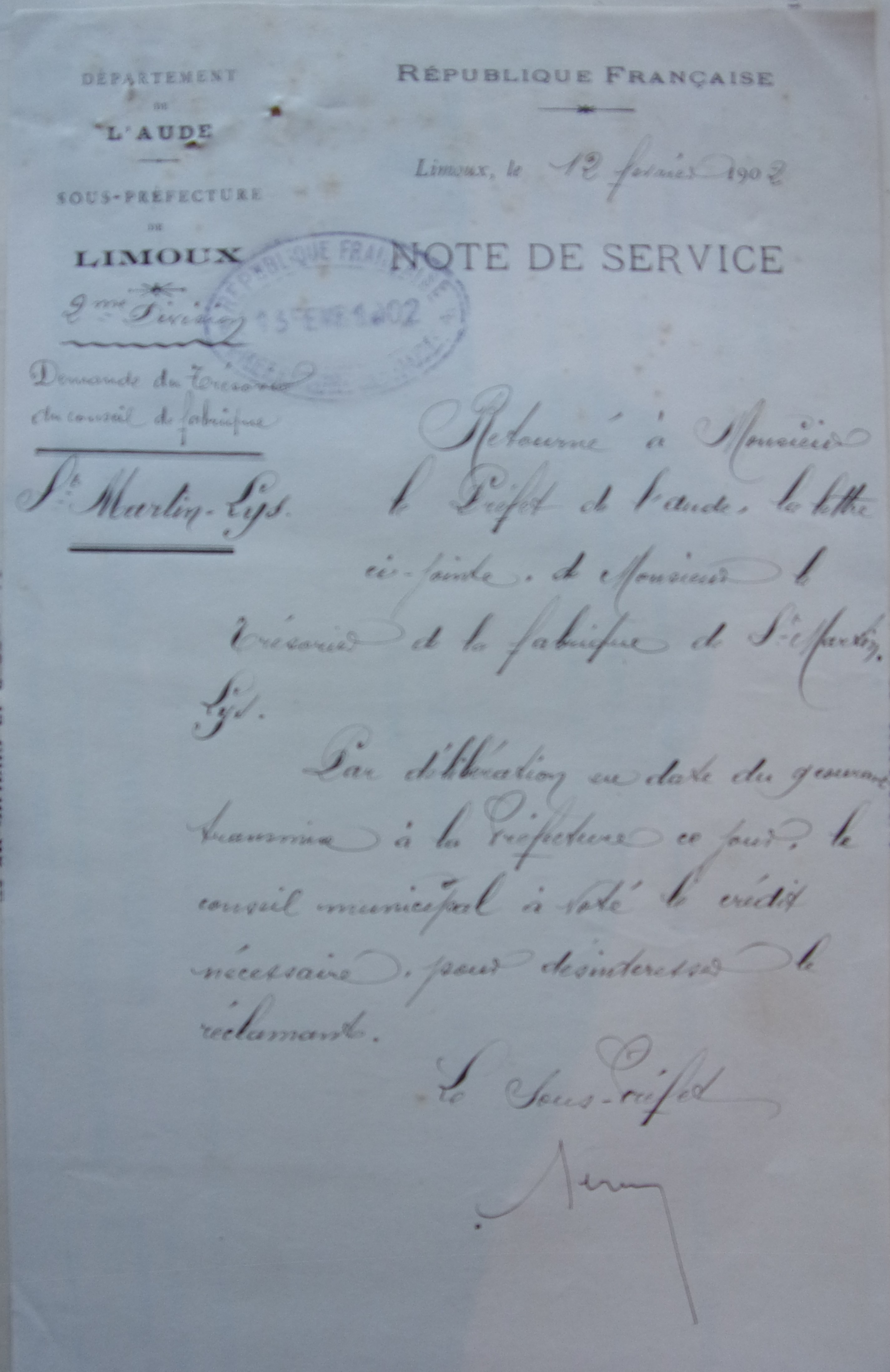 09 février 1902 - Délibération du conseil municipal - paiement d'honoraire dus à la fabrique pour solde de 5 sépultures et frais de procès p1
