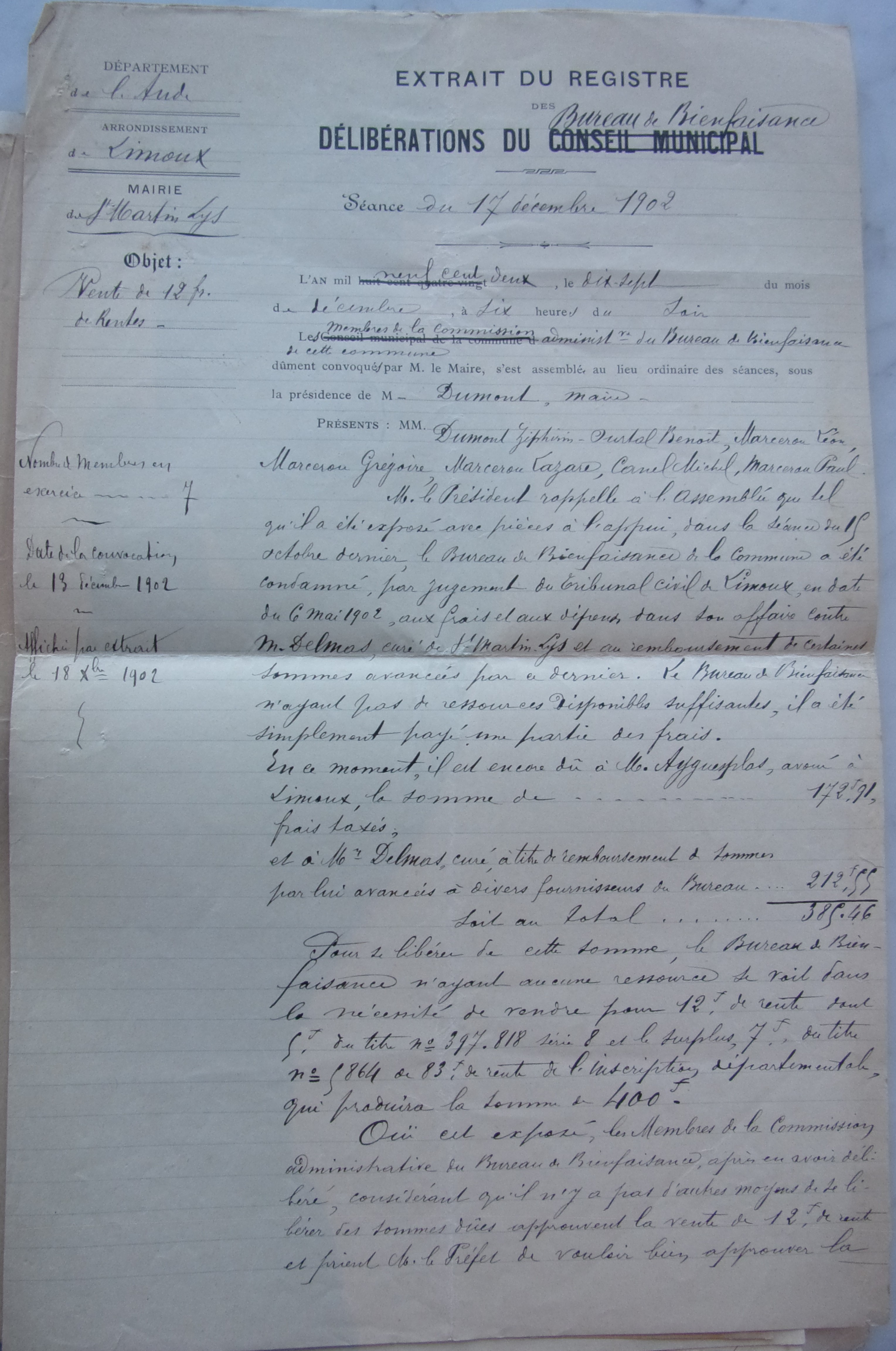 17 décembre 1902 - Délibération du bureau de bienfaisance - Vente de 12 F de rente p1
