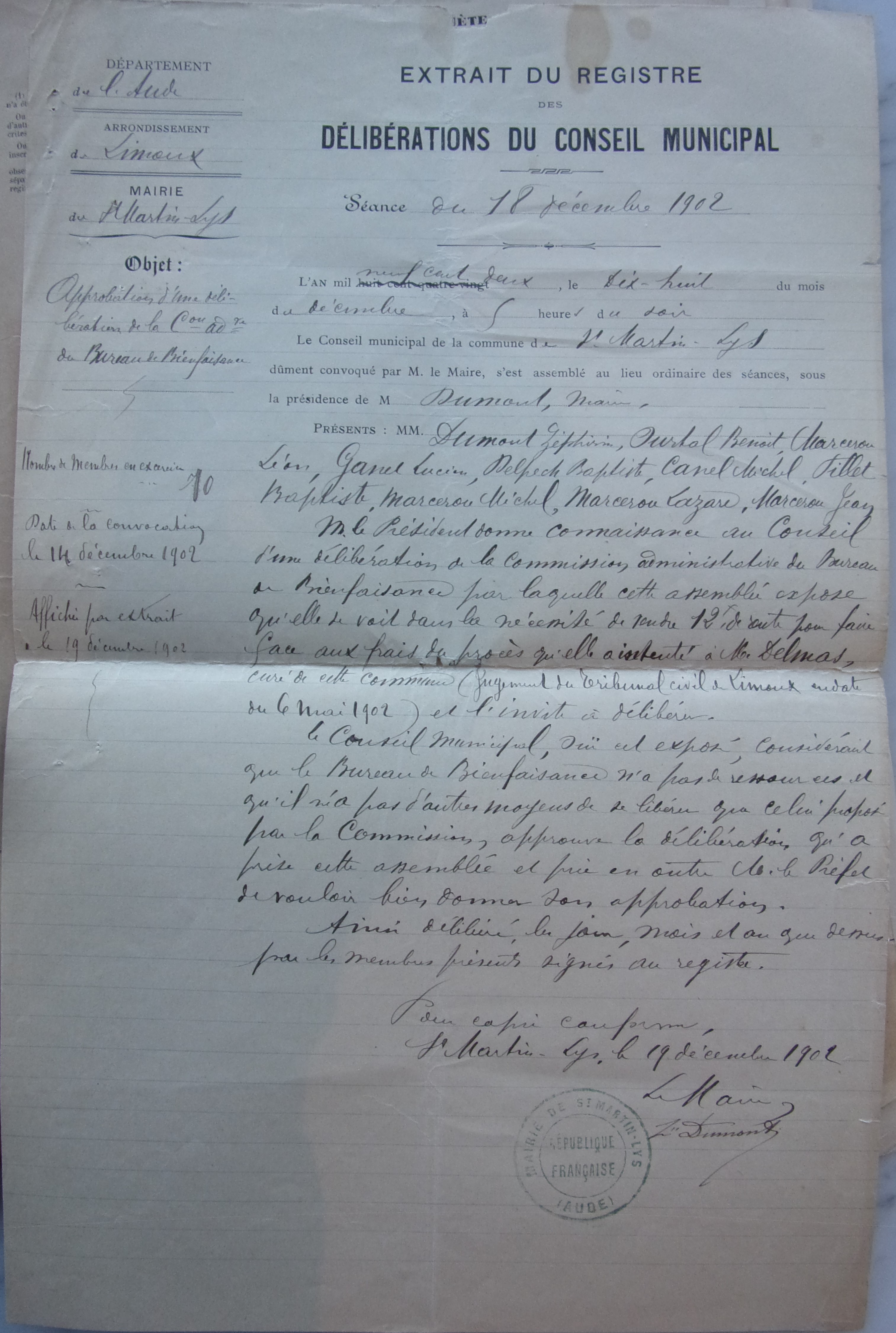 18 décembre 1902 - Délibération du conseil municipal - Approbation d'une délibération de la commission administrative du bureau de bienfaisance de Vente de 12 F de rente