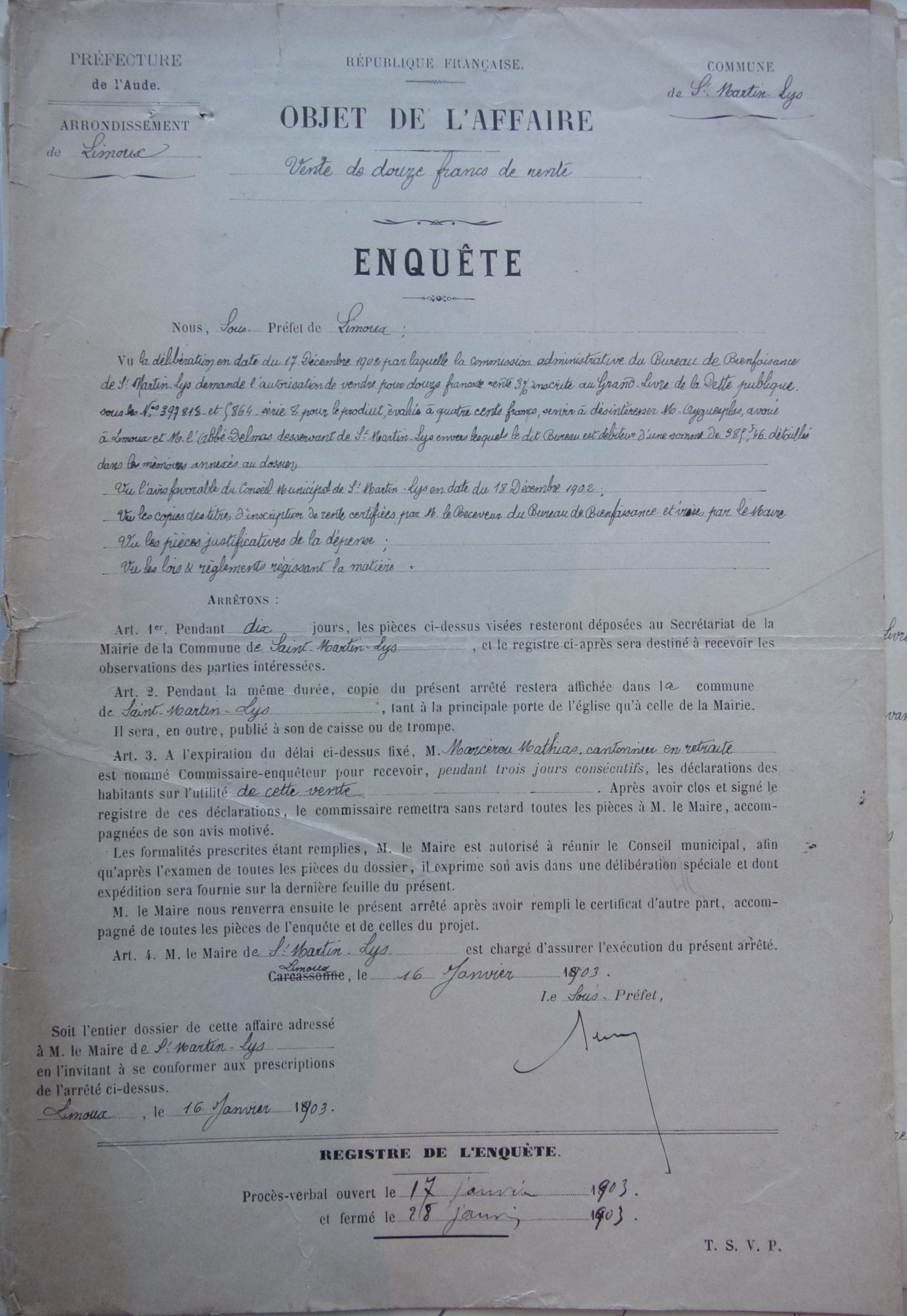 16 janvier 1903 - Enquête sur la Vente de 12 F de rente par le bureau de bienfaisance p1