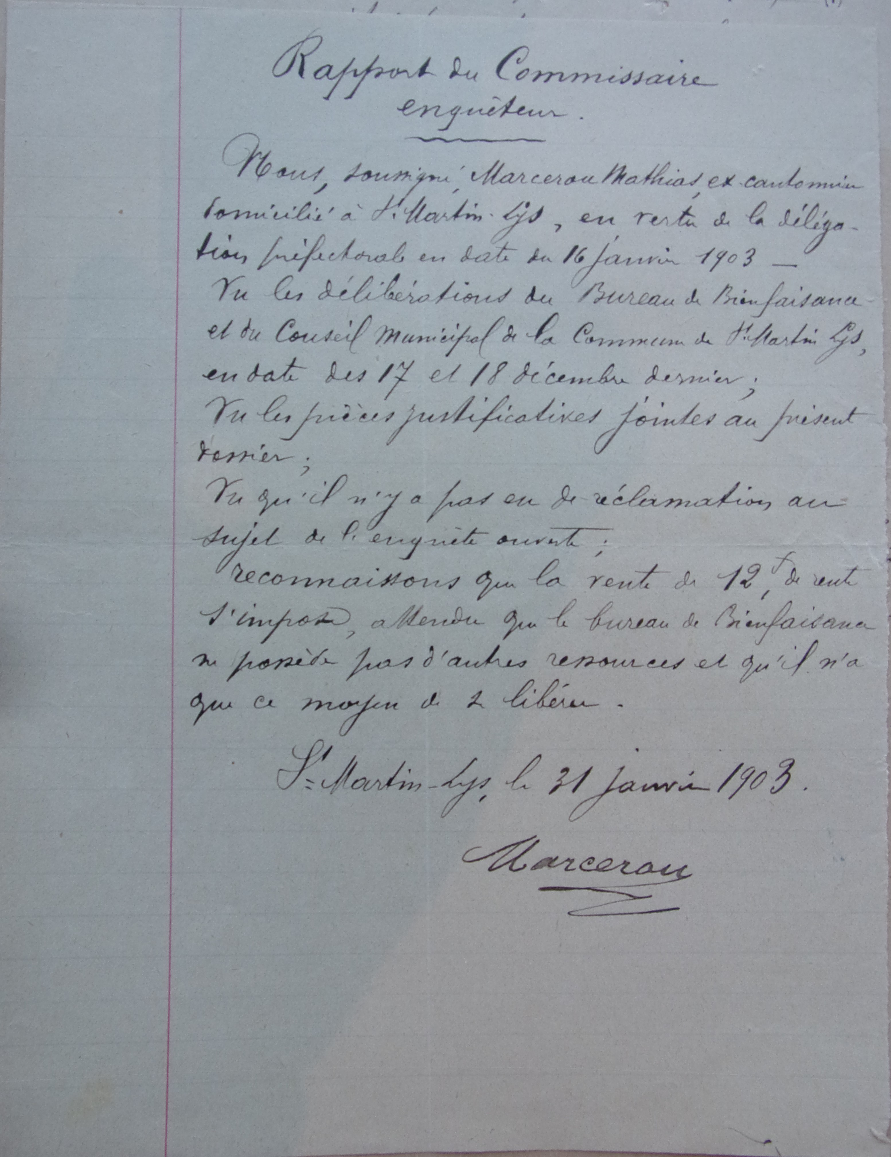 31 janvier 1903 - Rapport du commissaire enquéteur - bureau de bienfaisance aliénation d'un titre de rente de 12 F