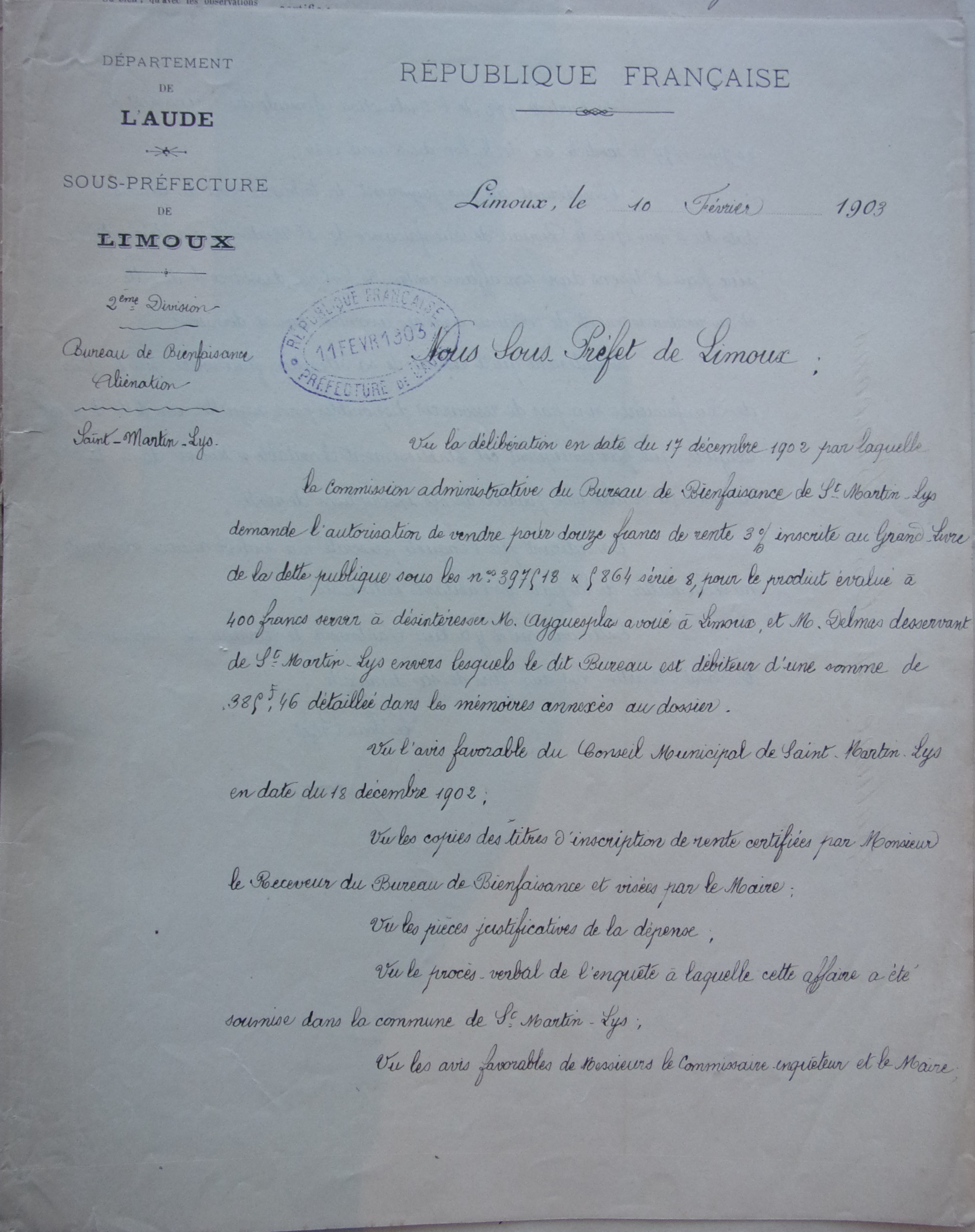 10 février 1903 - Avis du Sous préfet - Aliénation d'un titre de rente de 12 F par le Bureau de bienfaisante p1