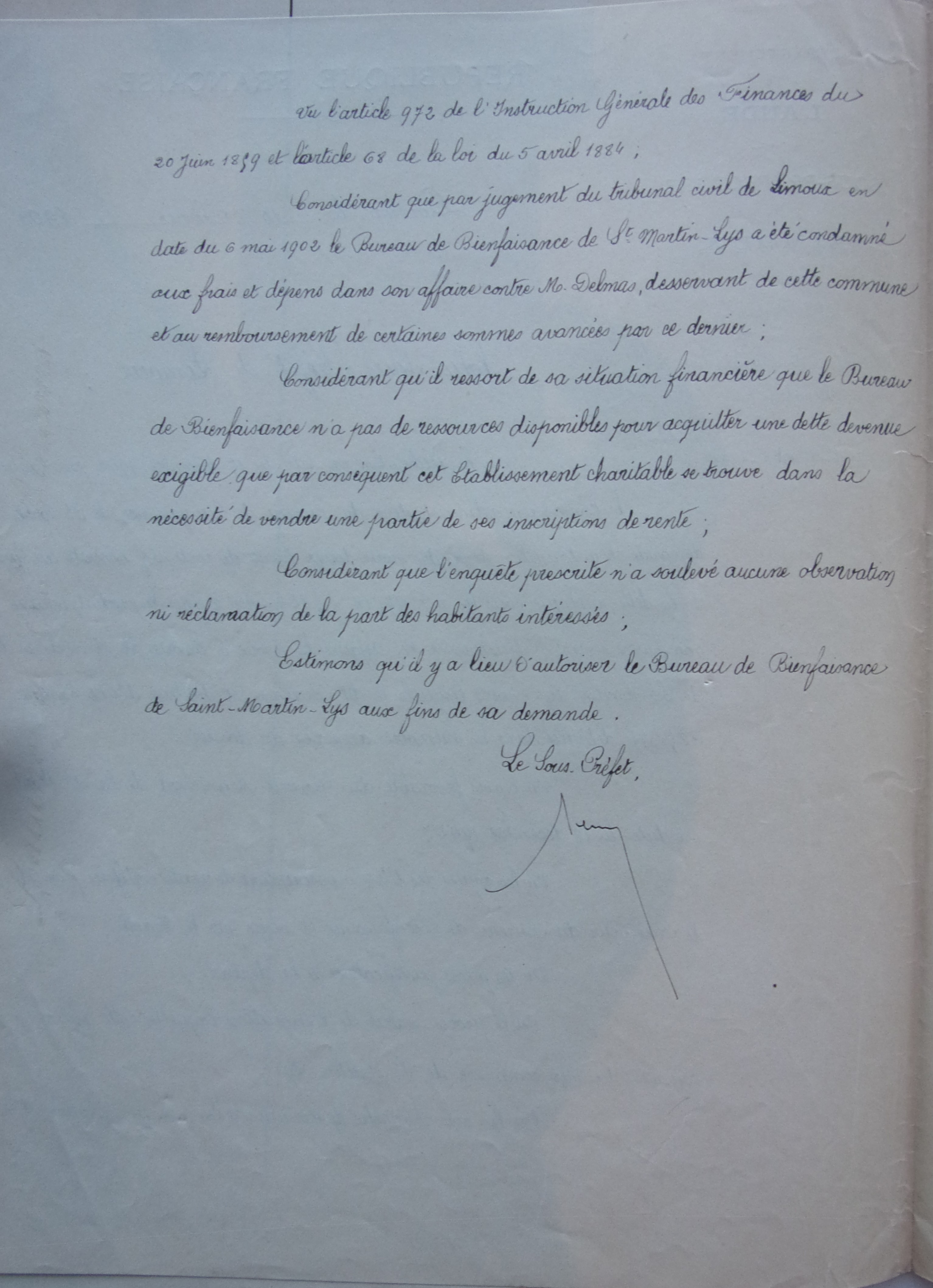 10 février 1903 - Avis du Sous préfet - Aliénation d'un titre de rente de 12 F par le Bureau de bienfaisante p2