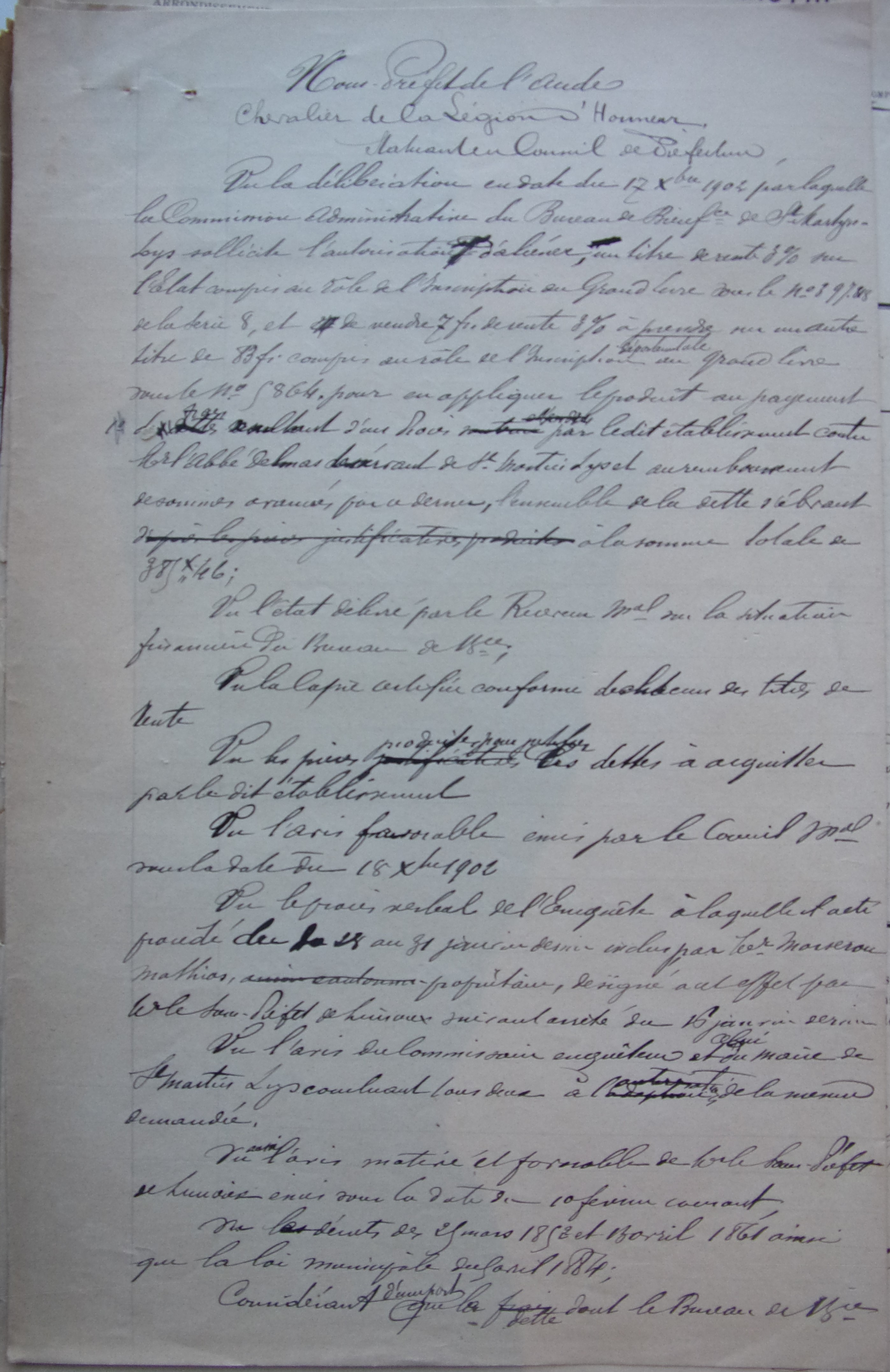 12 février 1903 - Brouillon de l'arrété préfectoral d'autorisation du bureau de bienfaisance de s'aliéner le titre de rente de 12 F p1