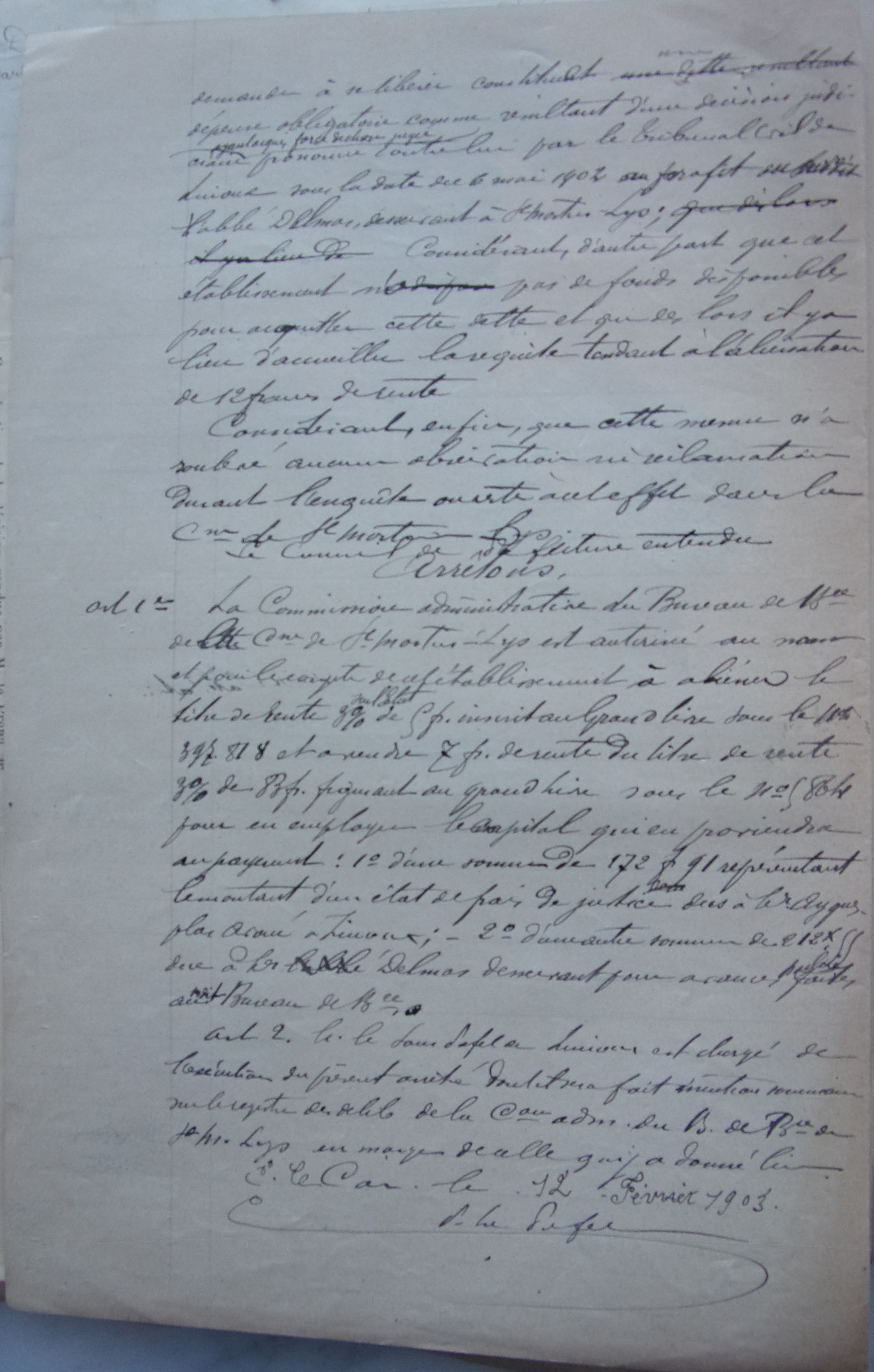 12 février 1903 - Brouillon de l'arrété préfectoral d'autorisation du bureau de bienfaisance de s'aliéner le titre de rente de 12 F p2