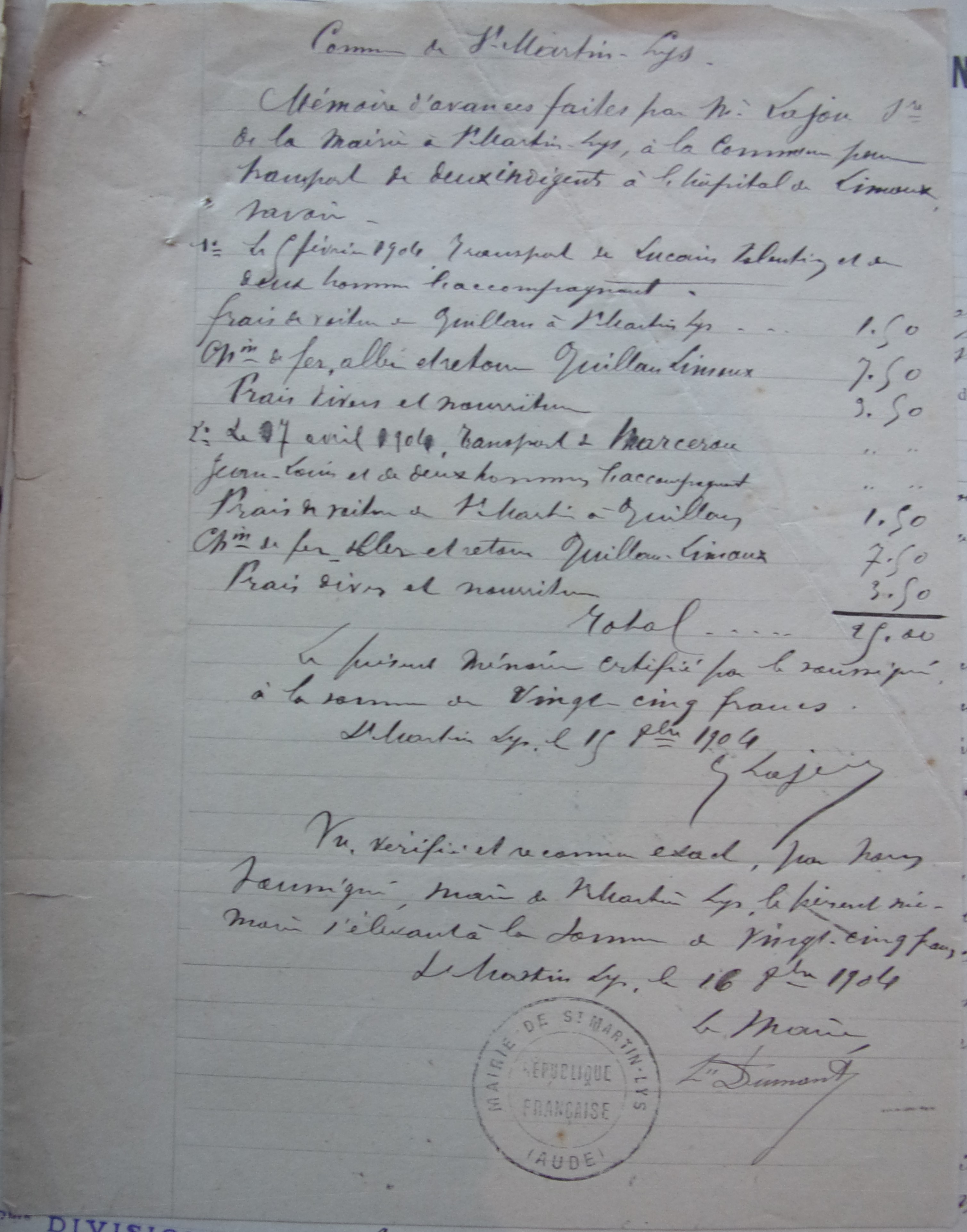 15 octobre 1904 - Mémoire d'avances faites par M Lajou pour le transport de 2 indigents à l'hopital de Limoux