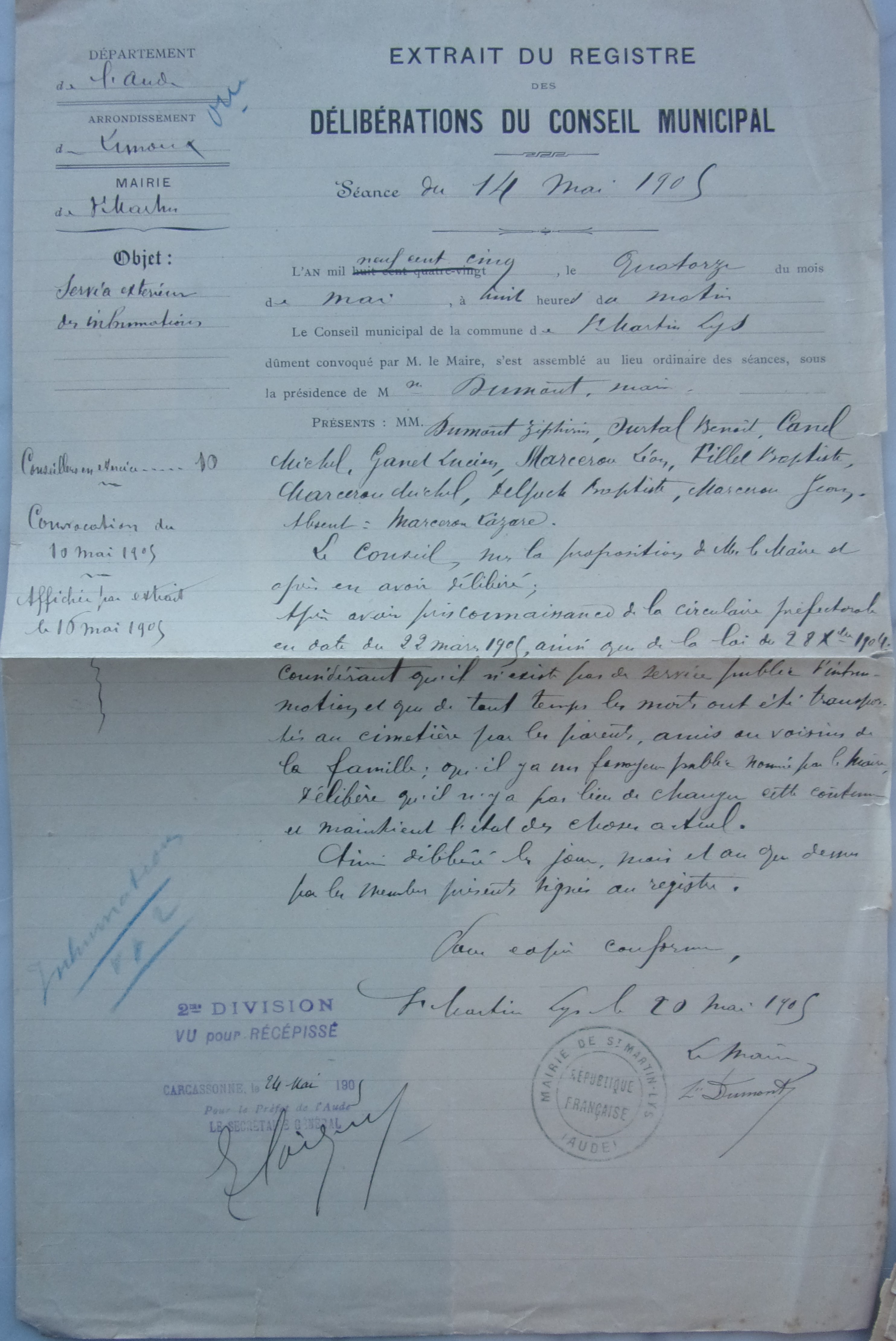 14 mai 1905 - Délibération du conseil municipal - service extérieur des inhumations
