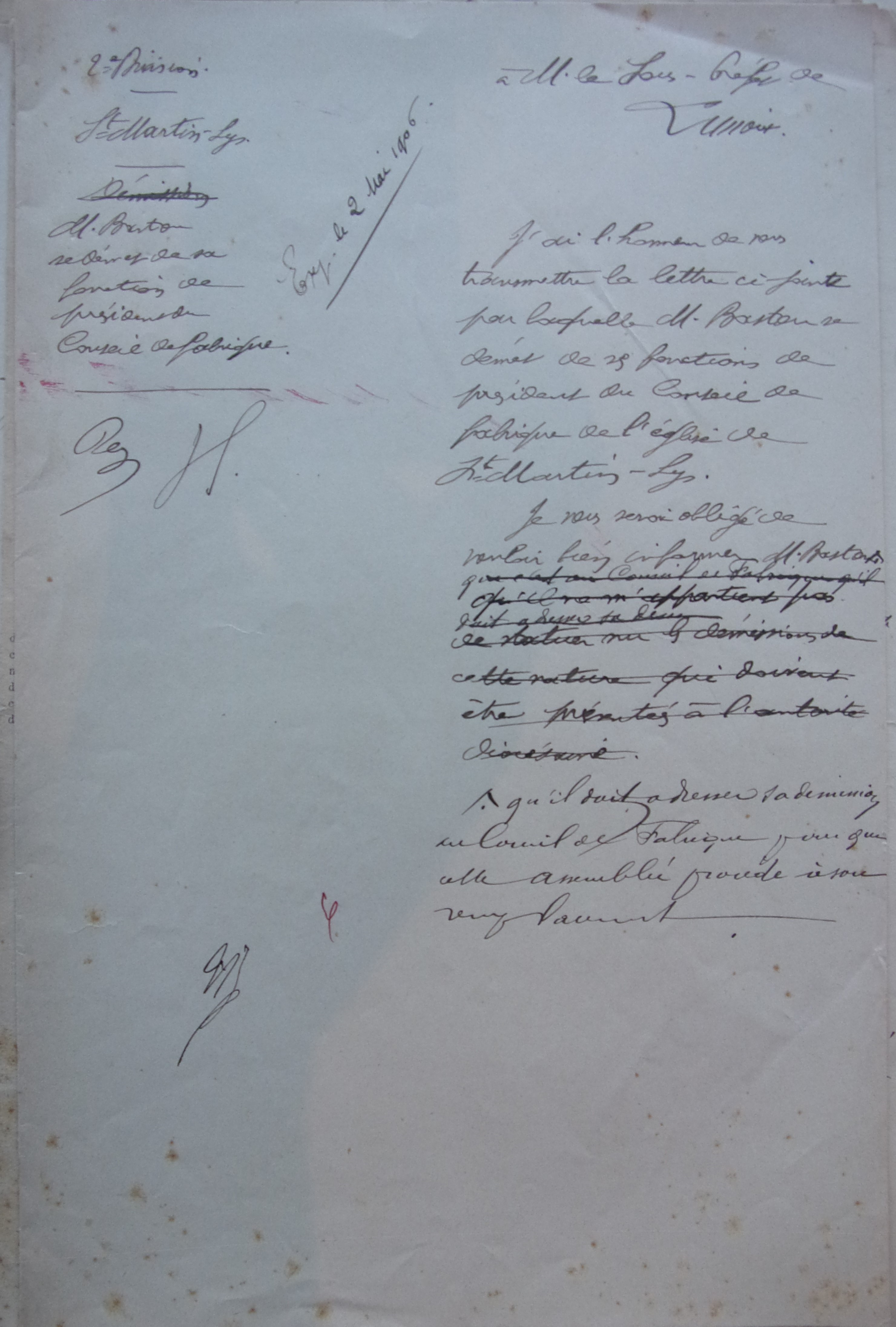 02 mai 1906 - Note de la 2ième division au sous-préfet accompagnant le courrier de M Bastou se démettant de sa fonction de président du conseil de la fabrique