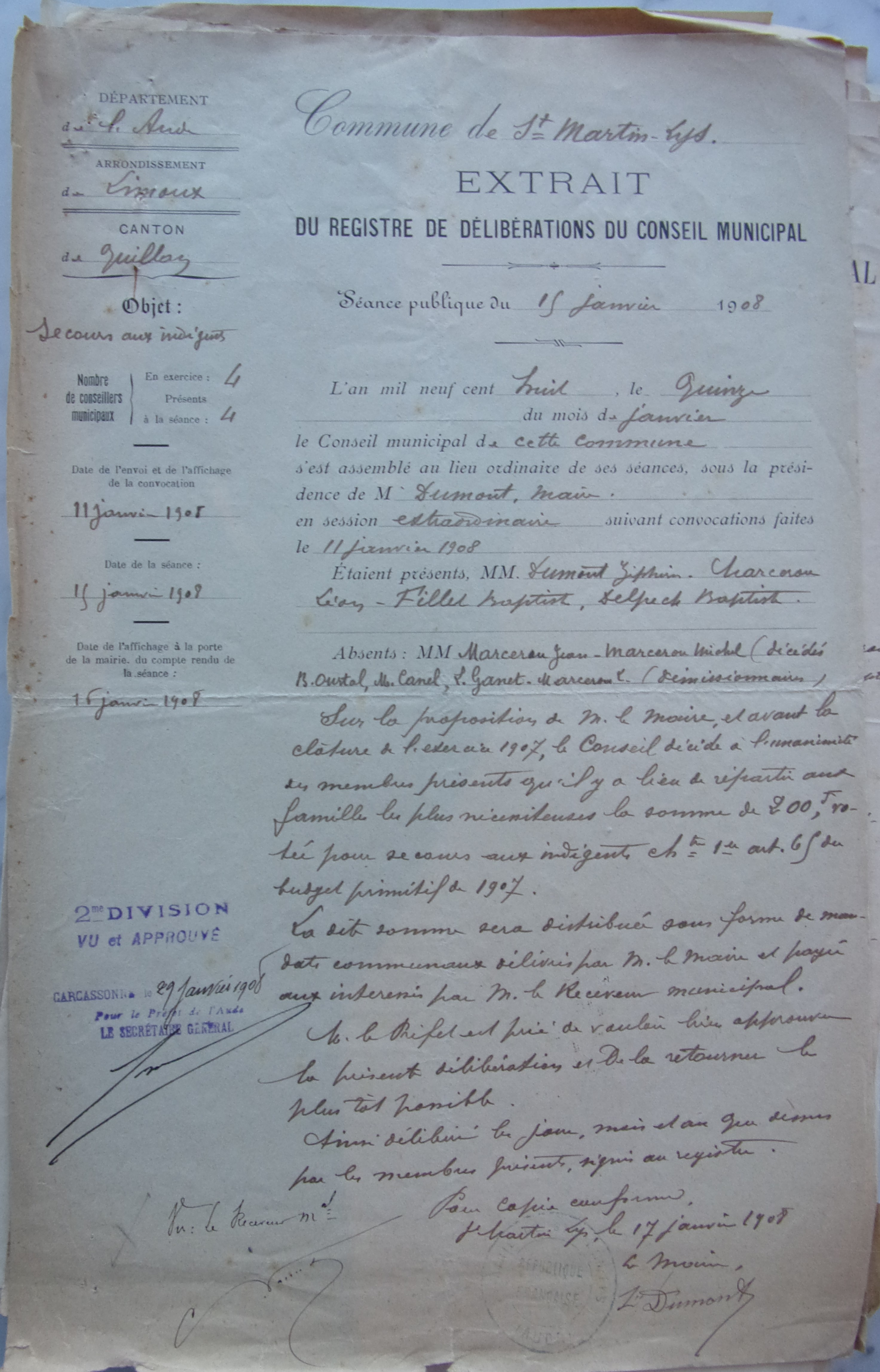 15 janvier 1908 - Délibération du conseil municipal - Secours aux indigents p1