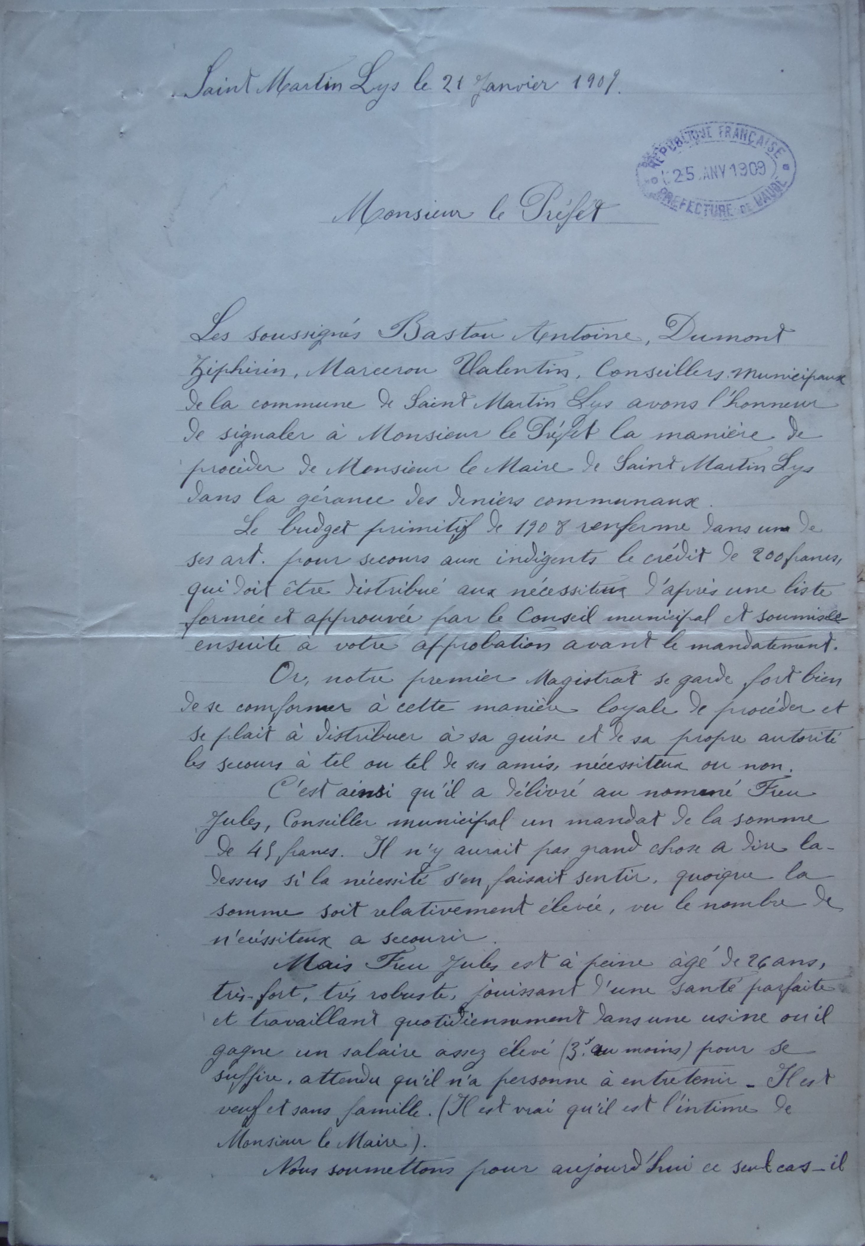 21 janvier 1909 - Réclamation des habitants au préfet sur l'utilisation des fonds de secours aux indigents p1