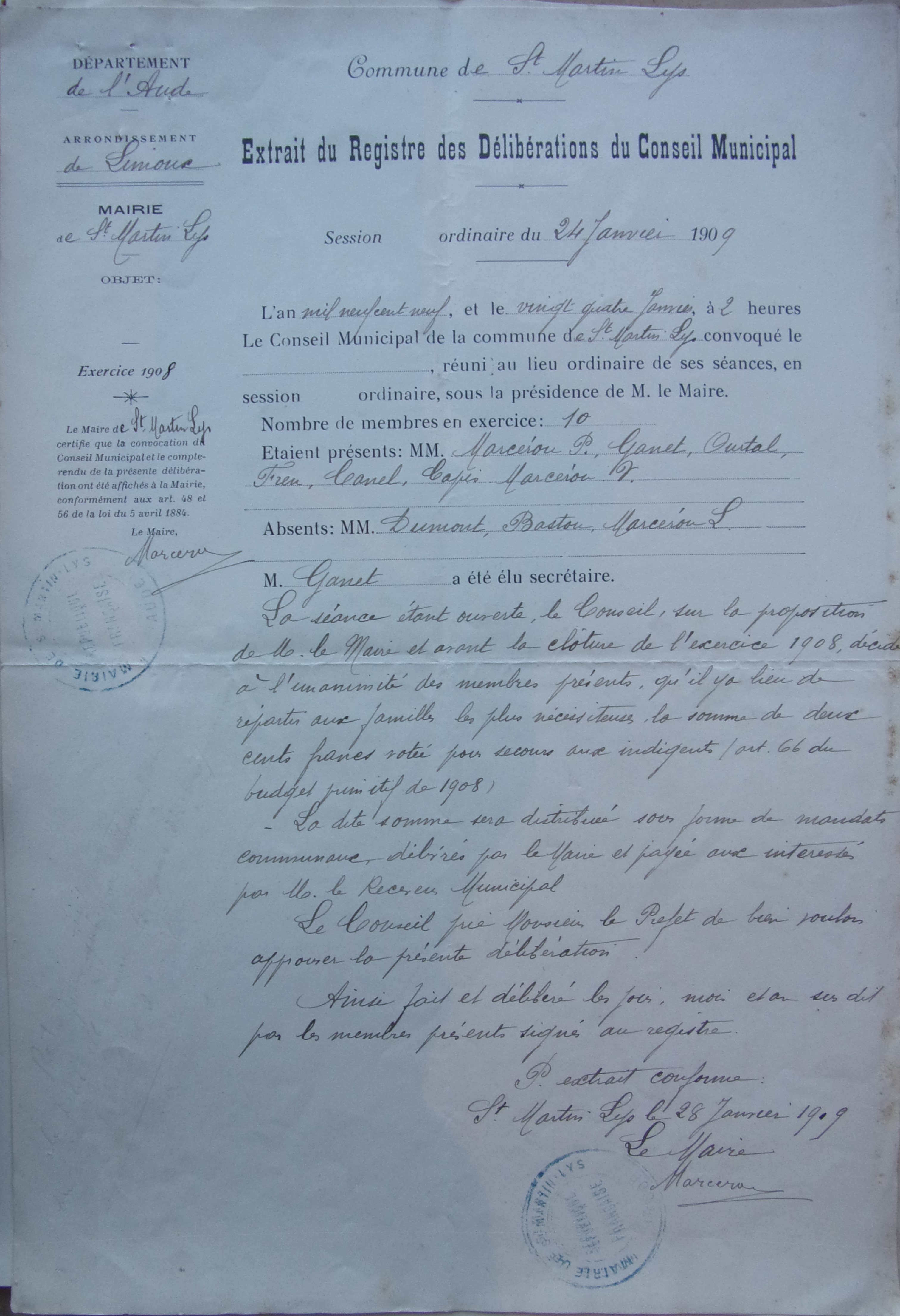 24 janvier 1909 - Délibération du conseil municipal - Vote d'un crédit de 200 F de secours aux indigents v2 double
