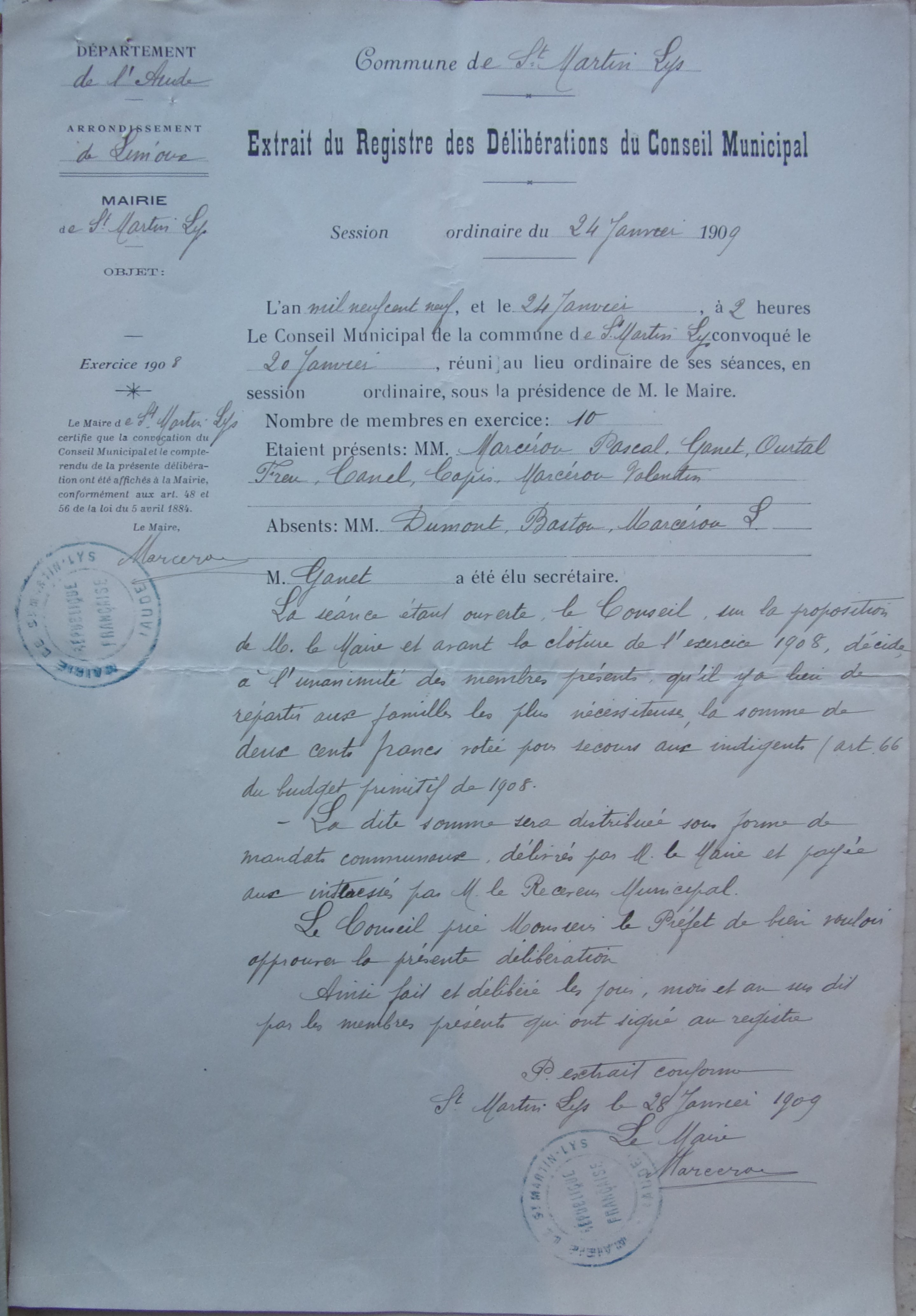 24 janvier 1909 - Délibération du conseil municipal - Vote d'un crédit de 200 F de secours aux indigents v1