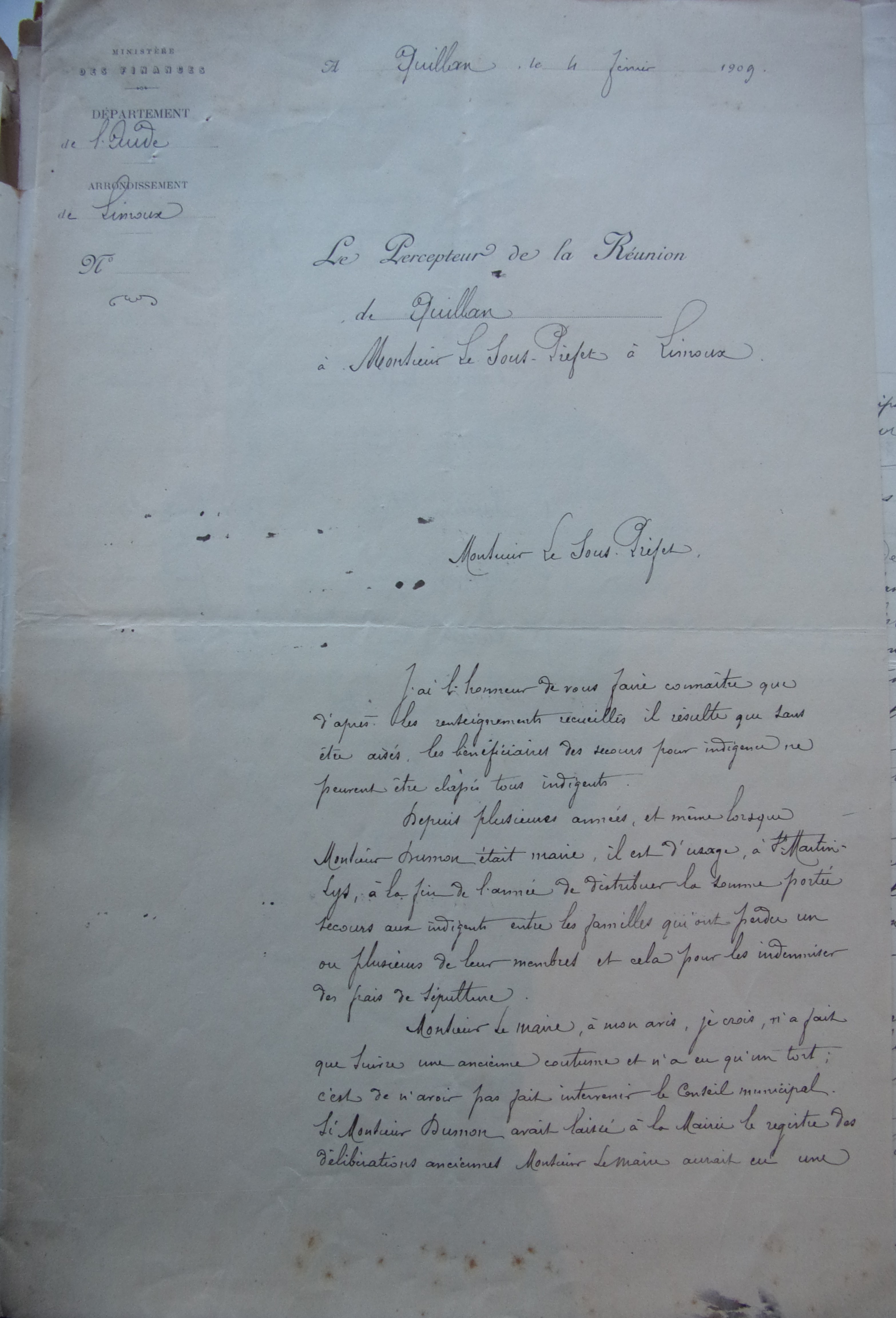 04 février 1909 - Courrier du Percepteur de la réunion de Quillan à Sous-Préfet - réponse à la réclamation des habitants - tradition de donner aux familles ayant un défunt p1