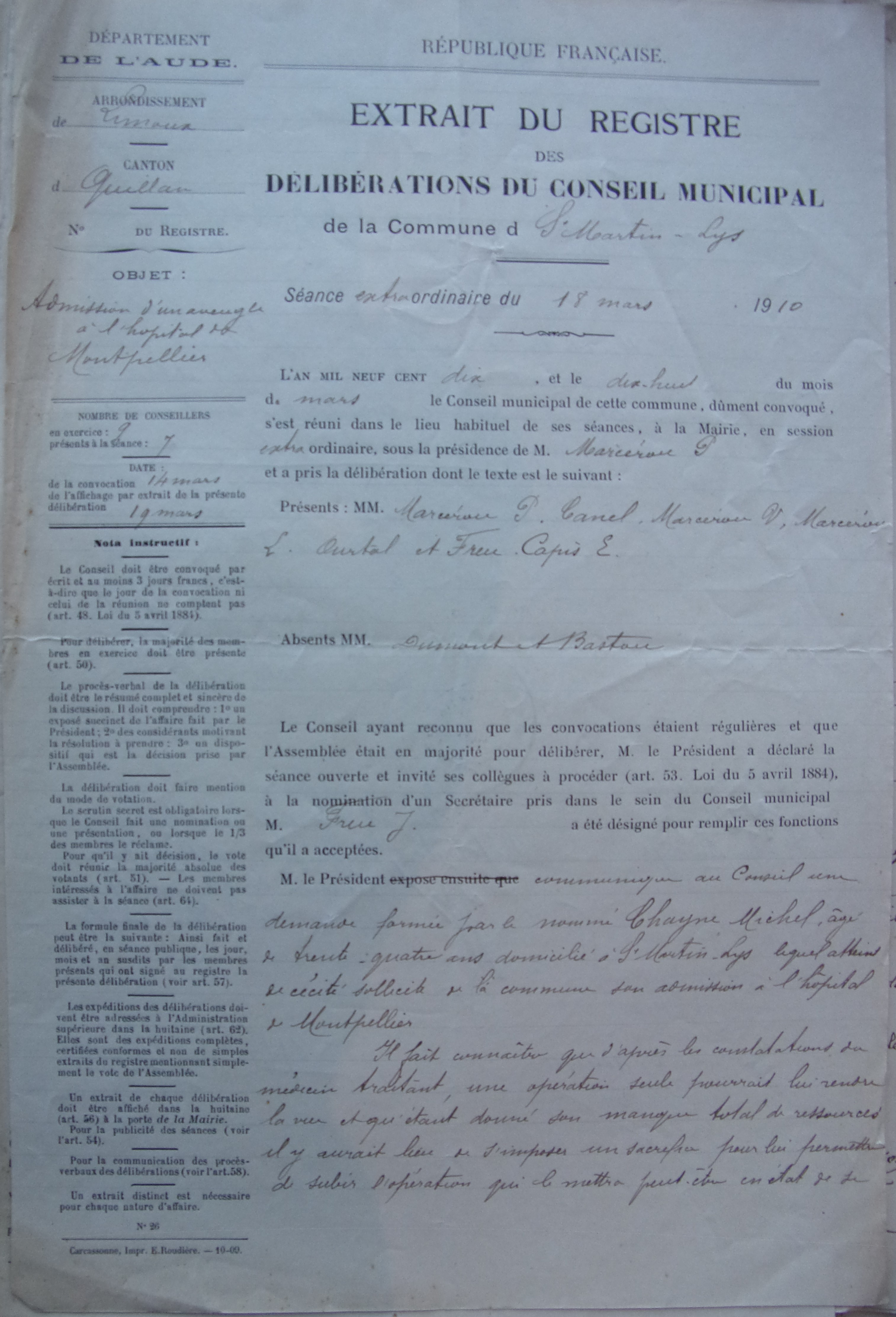 18 mars 1910 - Délibération du conseil municipal - Frais d'hôpital et de voyage de Chayne Michel p1 v1