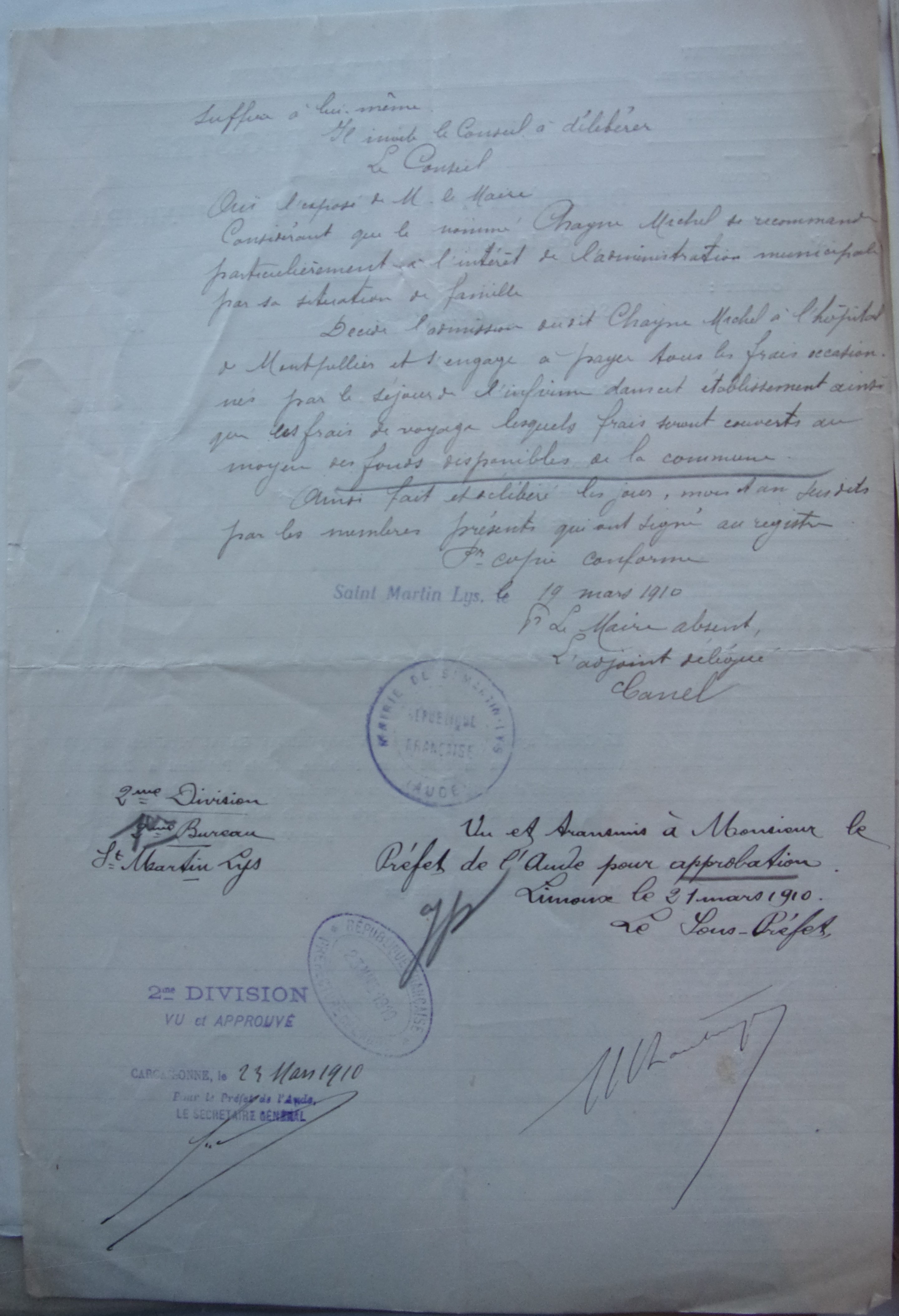 18 mars 1910 - Délibération du conseil municipal - Frais d'hôpital et de voyage de Chayne Michel p2 v1