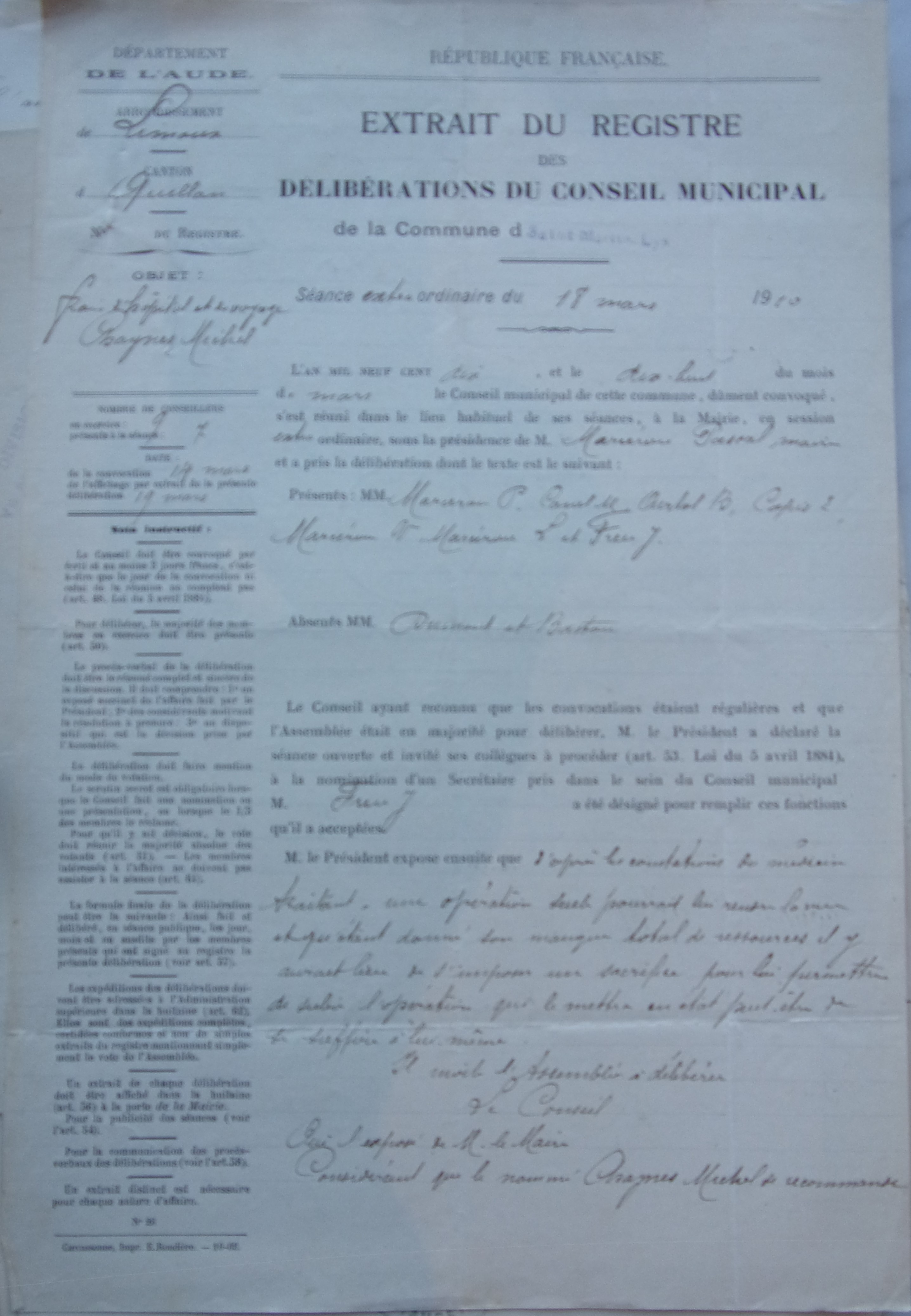 18 mars 1910 - Délibération du conseil municipal - Frais d'hôpital et de voyage de Chayne Michel p1 v2