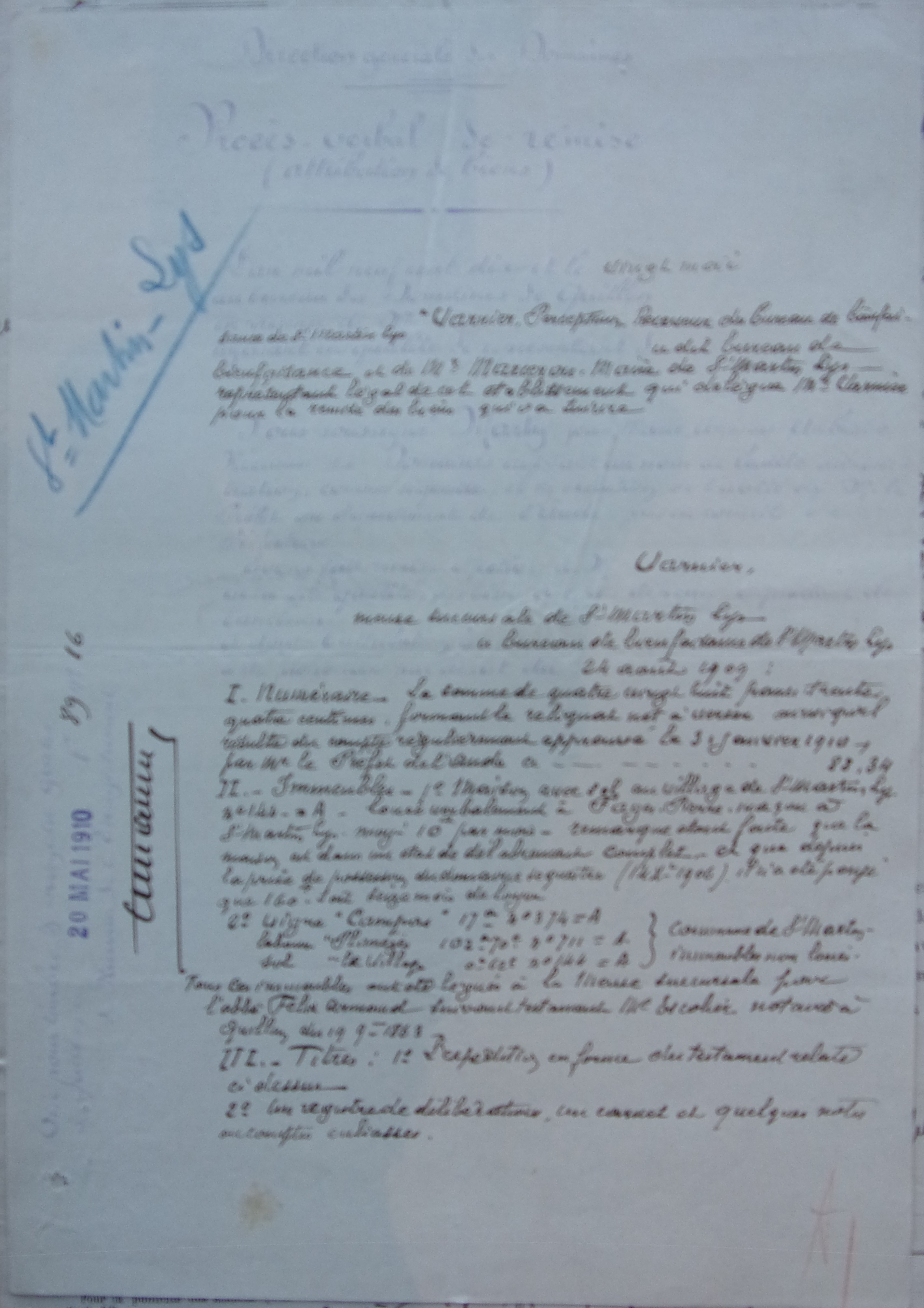 20 mai 1910 - Direction générale des Domaines - procès verbal de remise au bureau de bienfaisance p1